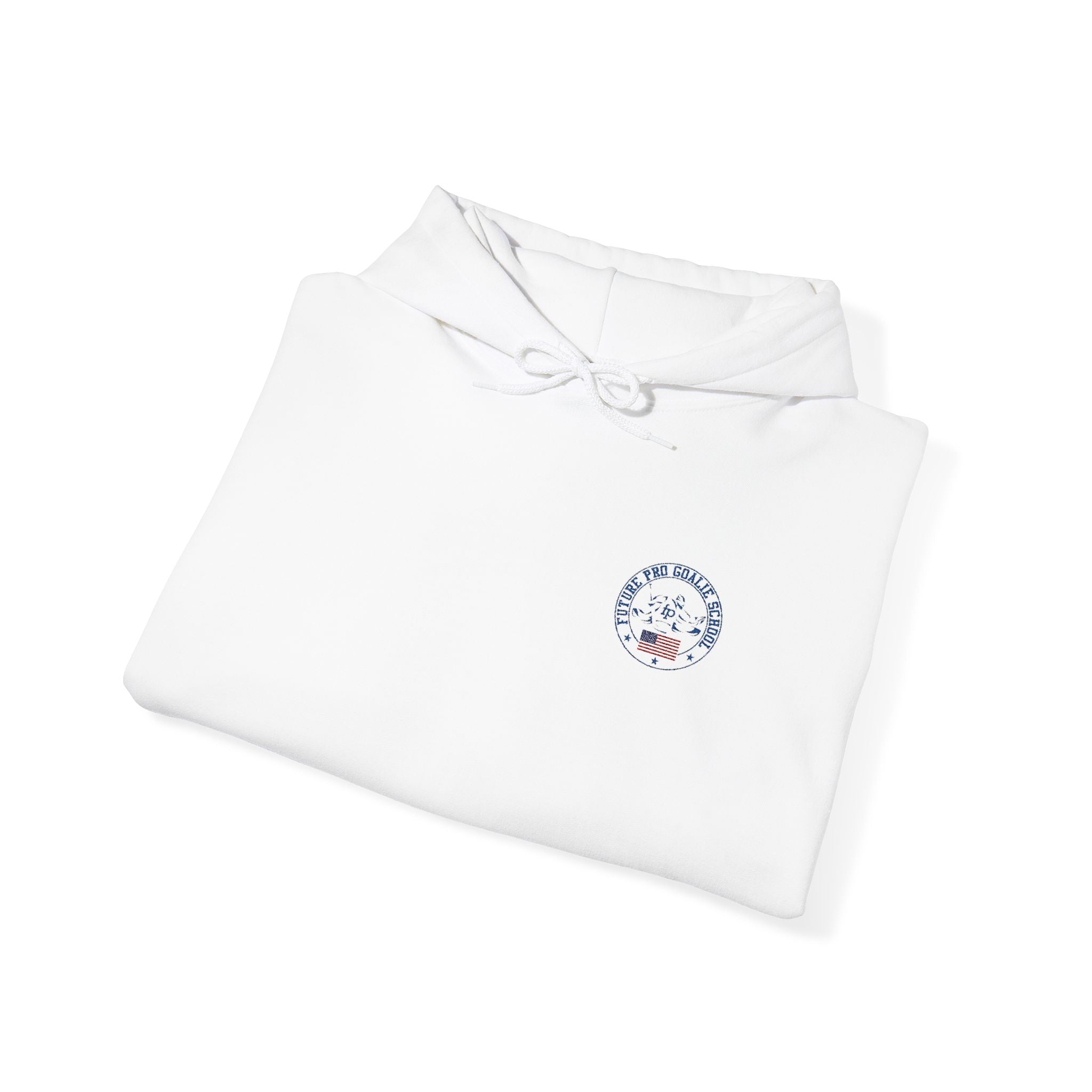 Folded white Future Pro USA Goalie School Hoodie with the embroidered front emblem visible.