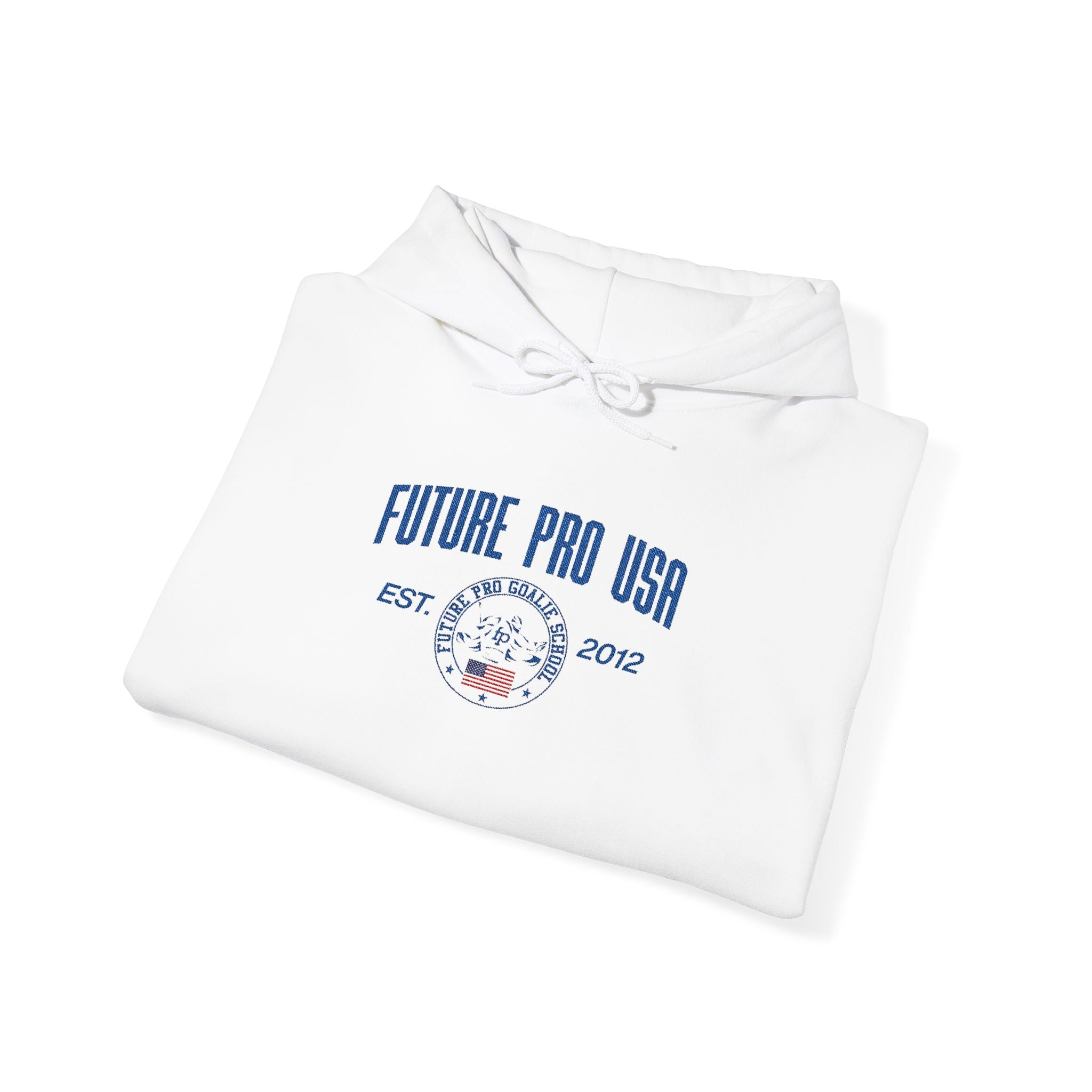 Folded white Vintage Future Pro USA Hoodie with the distressed front graphic visible.