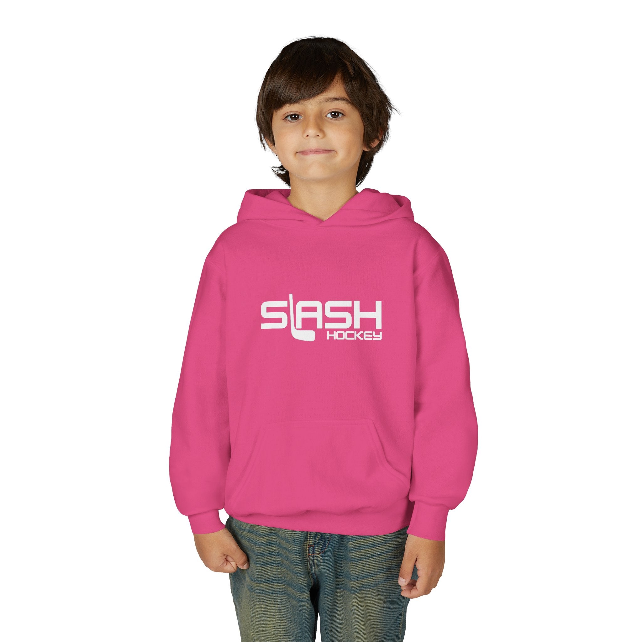Boy wearing the Youth Slash Hockey Hoodie, front view, standing in a casual hockey setting.