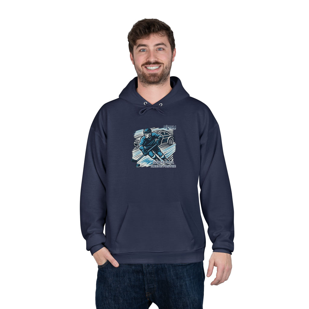 “Skate Fast. Drive Faster. Hockey Hoodie lifestyle photo — model wearing hockey culture hoodie with bold text design, casual fit for rink, travel, or everyday wear.”