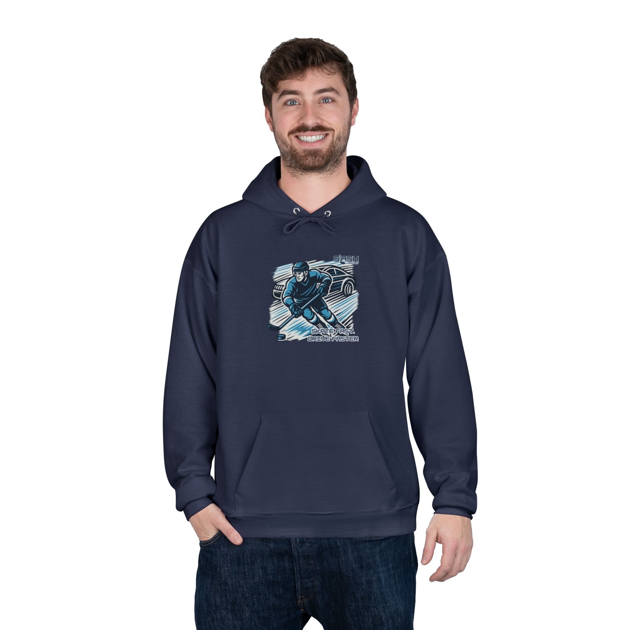 “Skate Fast. Drive Faster. Hockey Hoodie lifestyle photo — model wearing hockey culture hoodie with bold text design, casual fit for rink, travel, or everyday wear.”