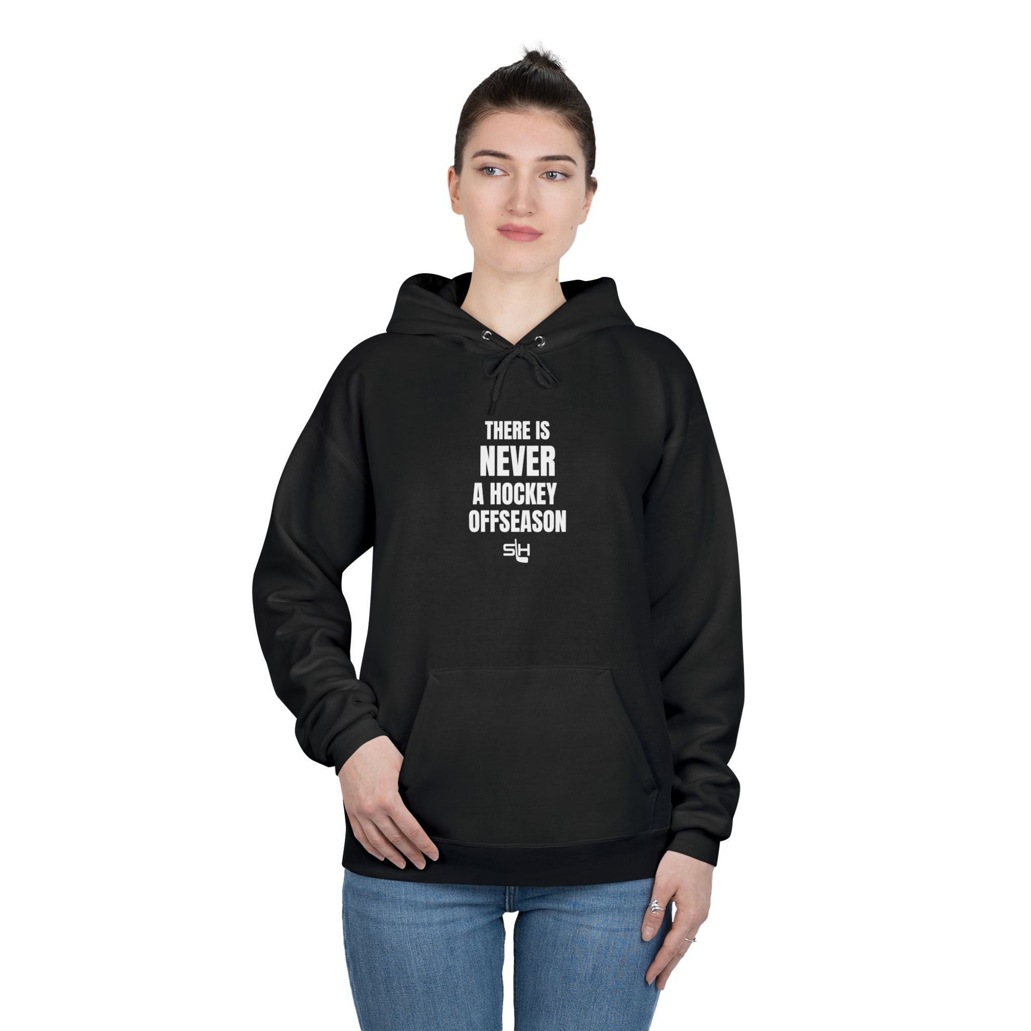 Female hockey fan in navy ‘Never a Hockey Offseason’ hoodie by Slash Hockey, cozy everyday look.
