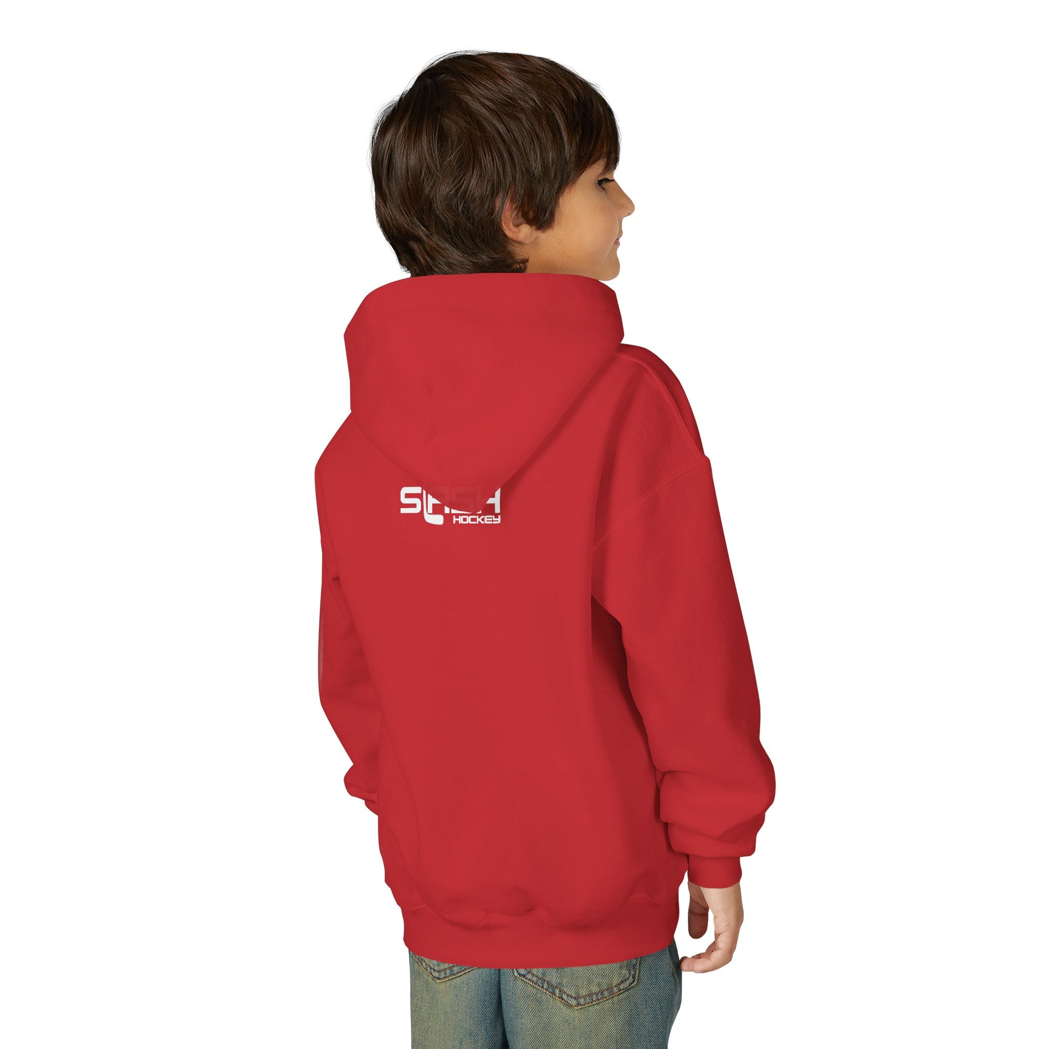 Boy wearing the Youth Slash Hockey Hoodie, back view, showing hoodie fit and style.