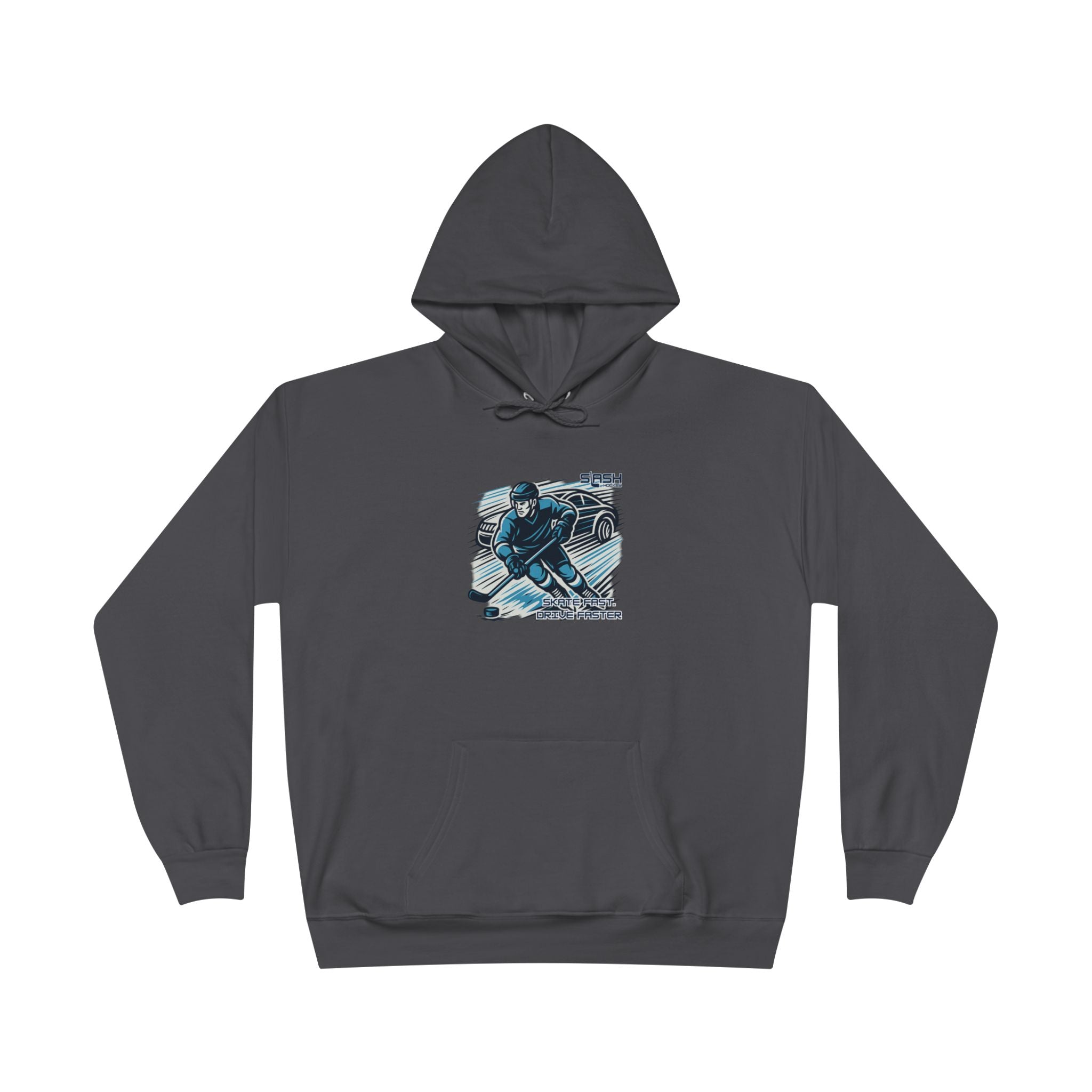 “Skate Fast. Drive Faster. Hockey Hoodie front view — bold text design with distressed varsity-style lettering in navy, sky blue, and white, printed on premium cotton-blend hoodie.”