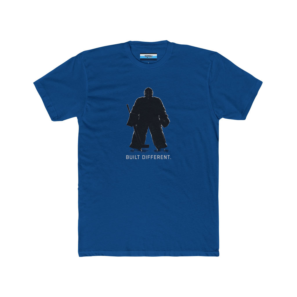 Hockey goalie t-shirt featuring a black standing goalie silhouette with “Built Different” text, designed for hockey goalies and crease mentality apparel.