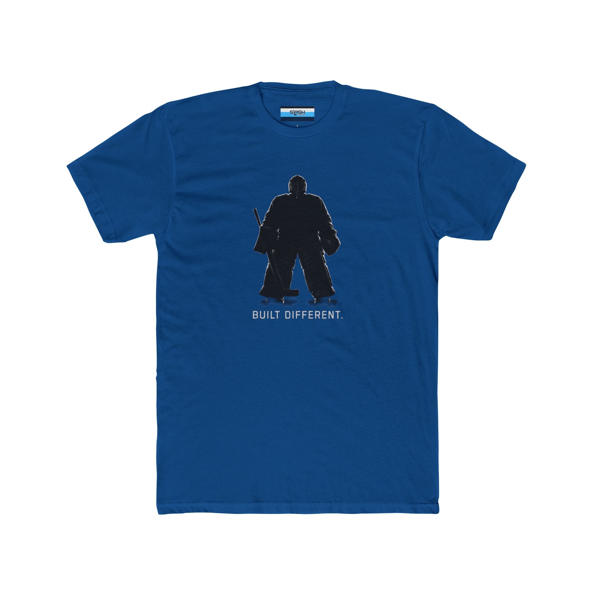 Hockey goalie t-shirt featuring a black standing goalie silhouette with “Built Different” text, designed for hockey goalies and crease mentality apparel.