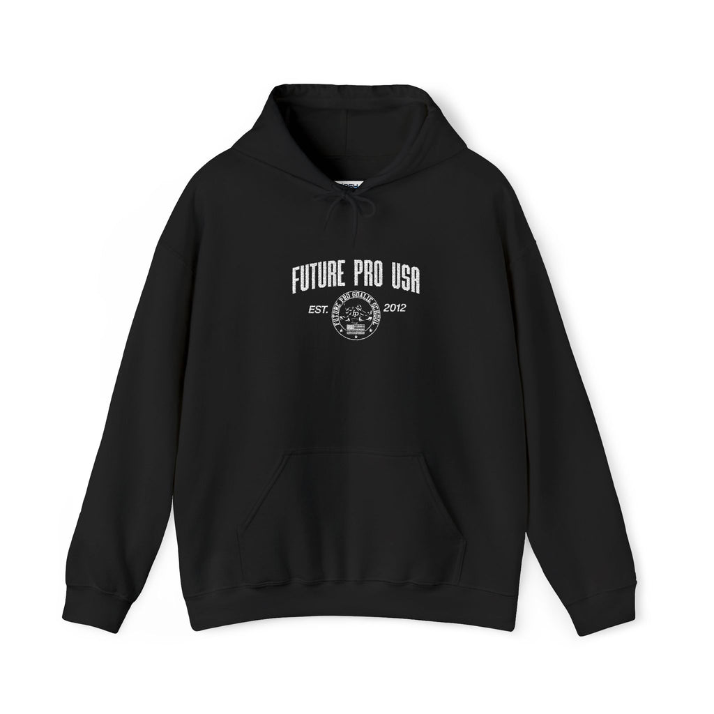 Front view of the black Future Pro USA Hoodie with embroidered chest emblem, showing the double-lined hood and kangaroo pocket.