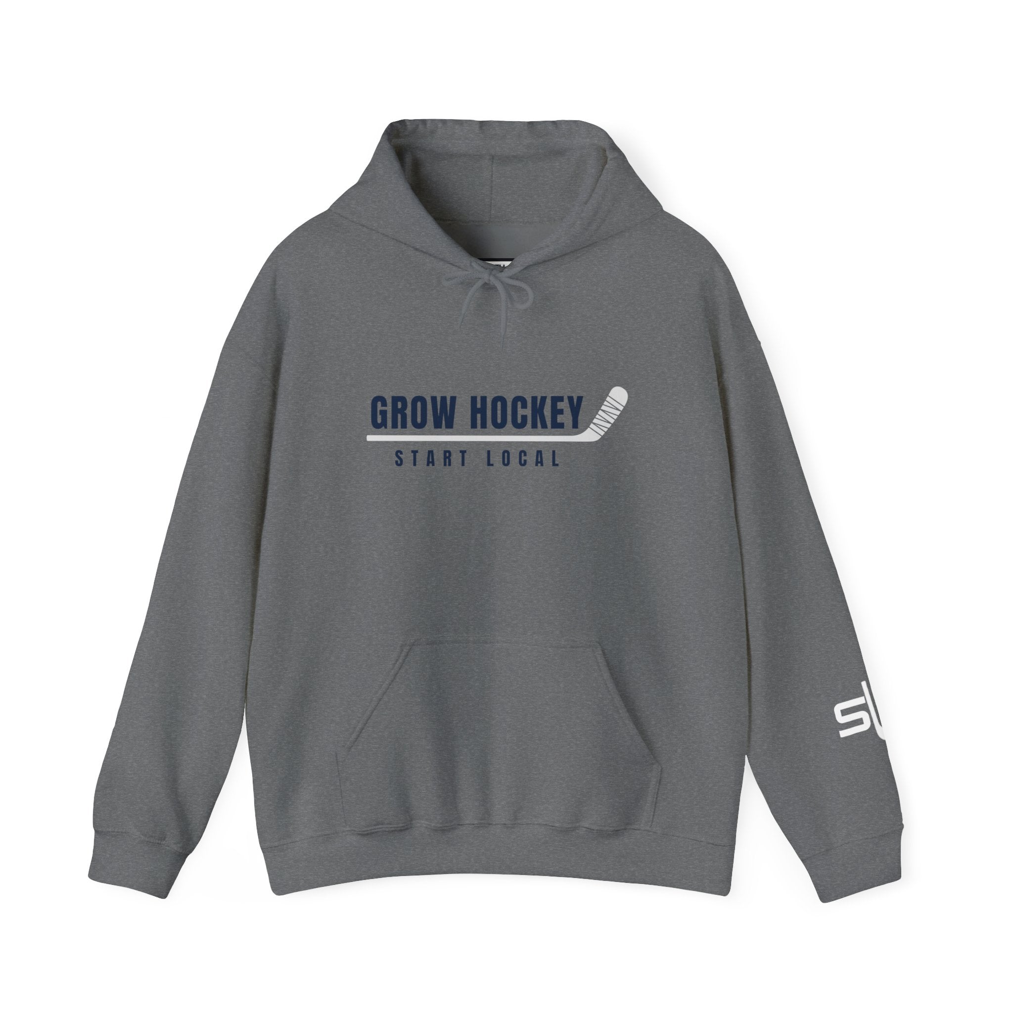 Grow Hockey Start Local hoodie featuring bold GROW HOCKEY text with a taped hockey stick underline and START LOCAL below in clean athletic typography.
