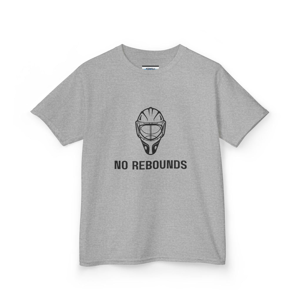 Youth No Rebounds Tee, front view — youth hockey t-shirt featuring a bold goalie-themed “No Rebounds” graphic on the chest, athletic fit, displayed on a plain background.