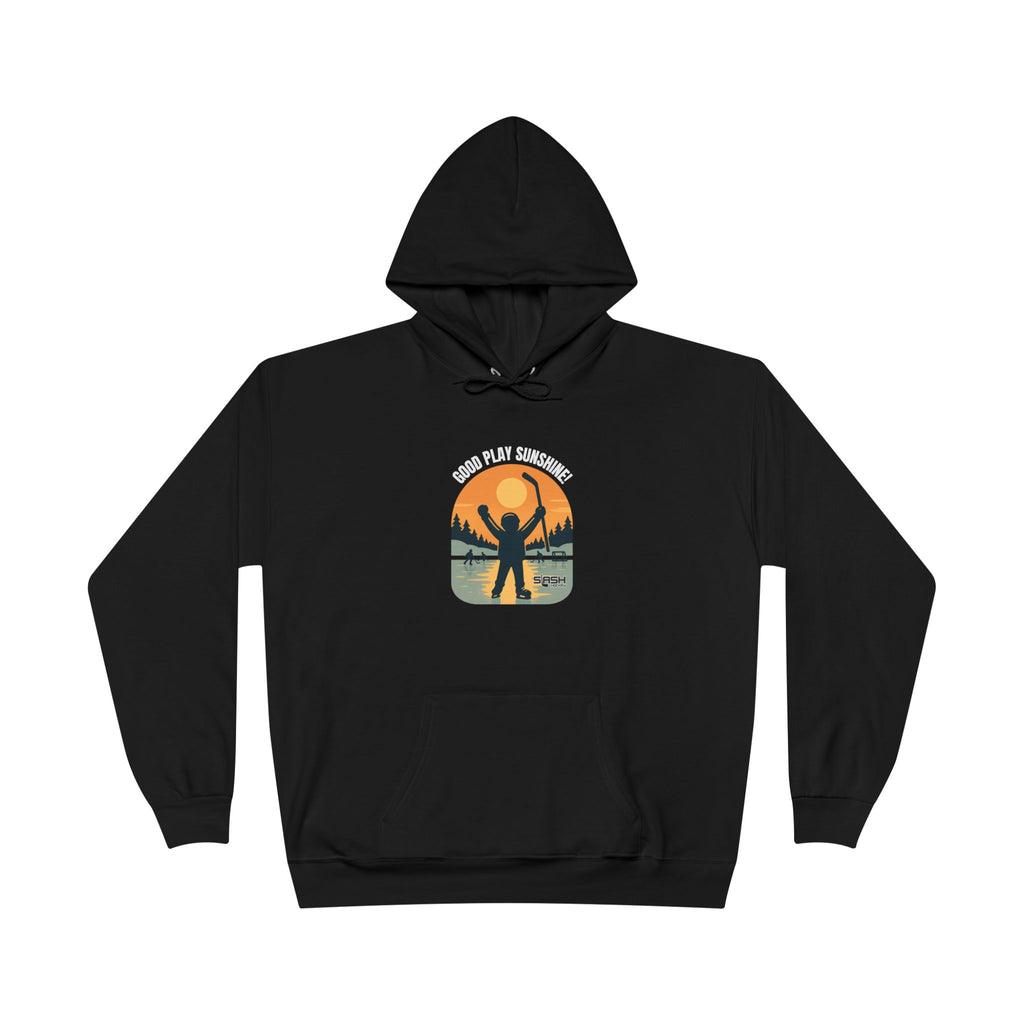 Front view of the Good Play Sunshine! Hoodie featuring a vintage-style hockey design of a kid raising his stick on a frozen pond at sunrise, with friends skating in the background.