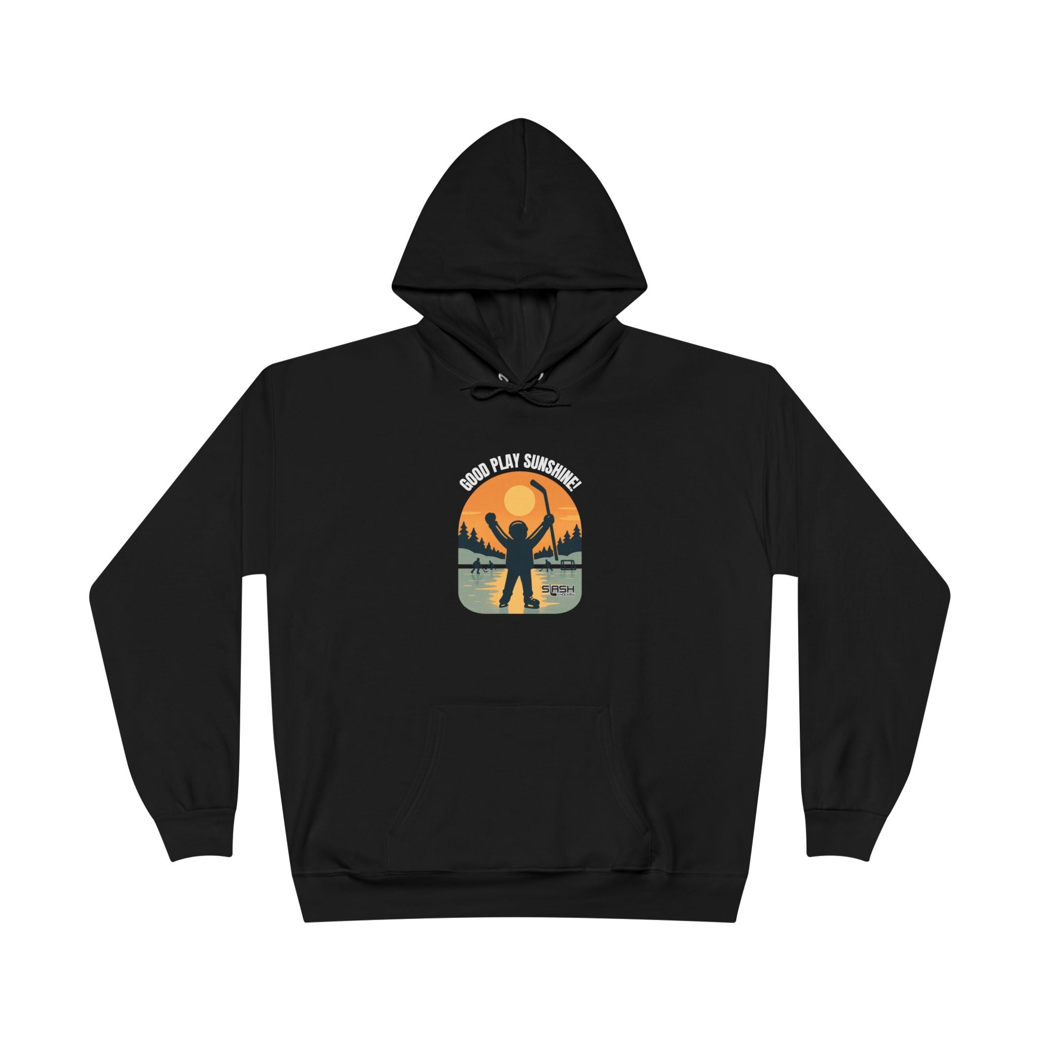 Front view of the Good Play Sunshine! Hoodie featuring a vintage-style hockey design of a kid raising his stick on a frozen pond at sunrise, with friends skating in the background.