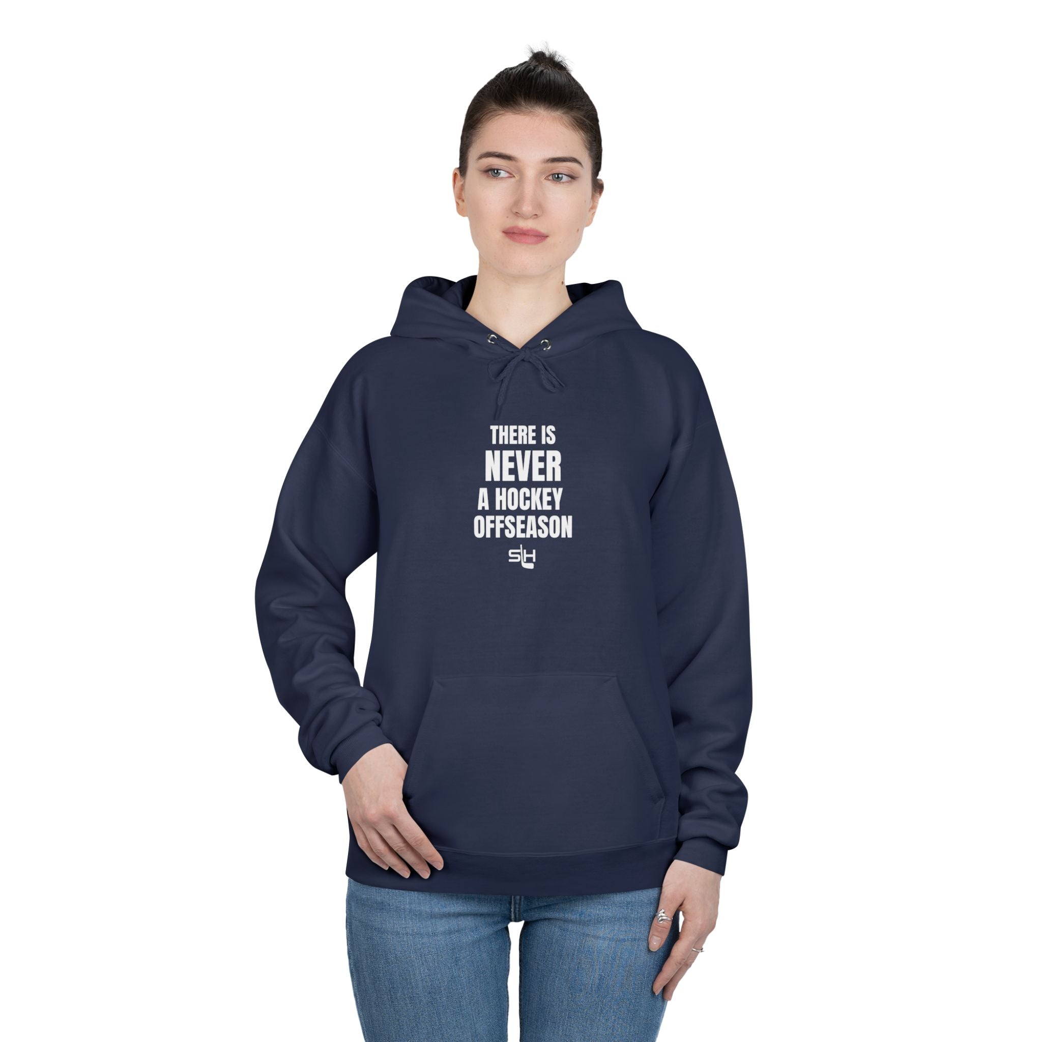 Female hockey fan in navy ‘Never a Hockey Offseason’ hoodie by Slash Hockey, cozy everyday look.