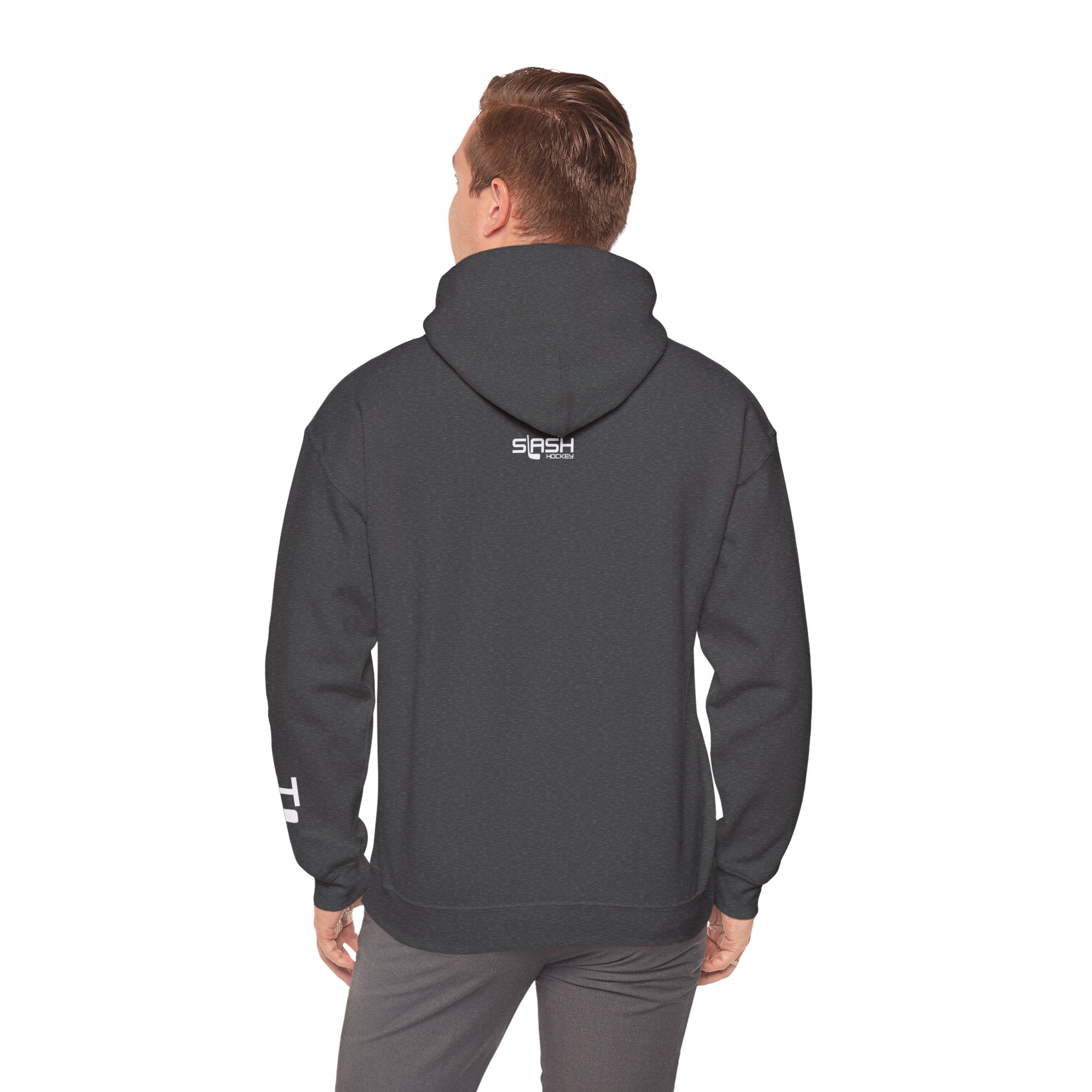 Male model shown from back wearing solid color Grow Hockey hoodie with clean minimalist rear design.