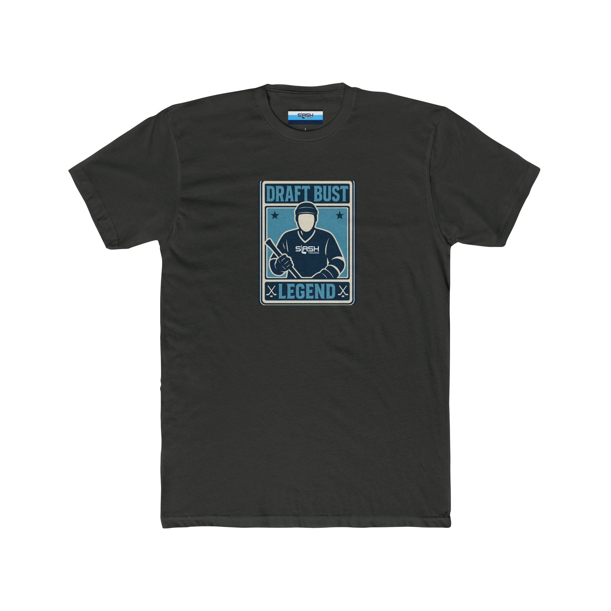 Draft Bust Legend hockey t-shirt — front view featuring a vintage-style hockey card graphic with blank player face, navy, sky blue, and white print on premium cotton tee.