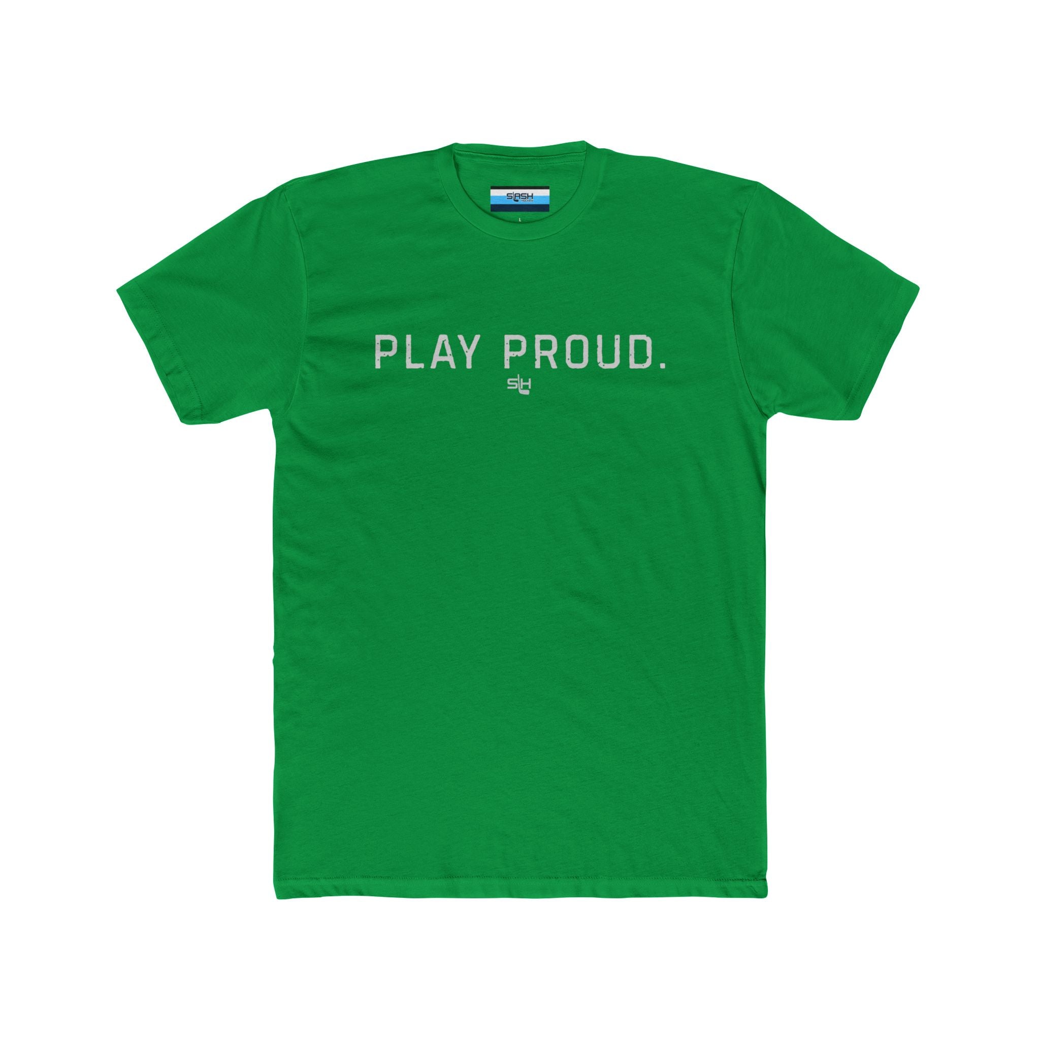 Play Proud hockey t-shirt front design featuring bold athletic block lettering 