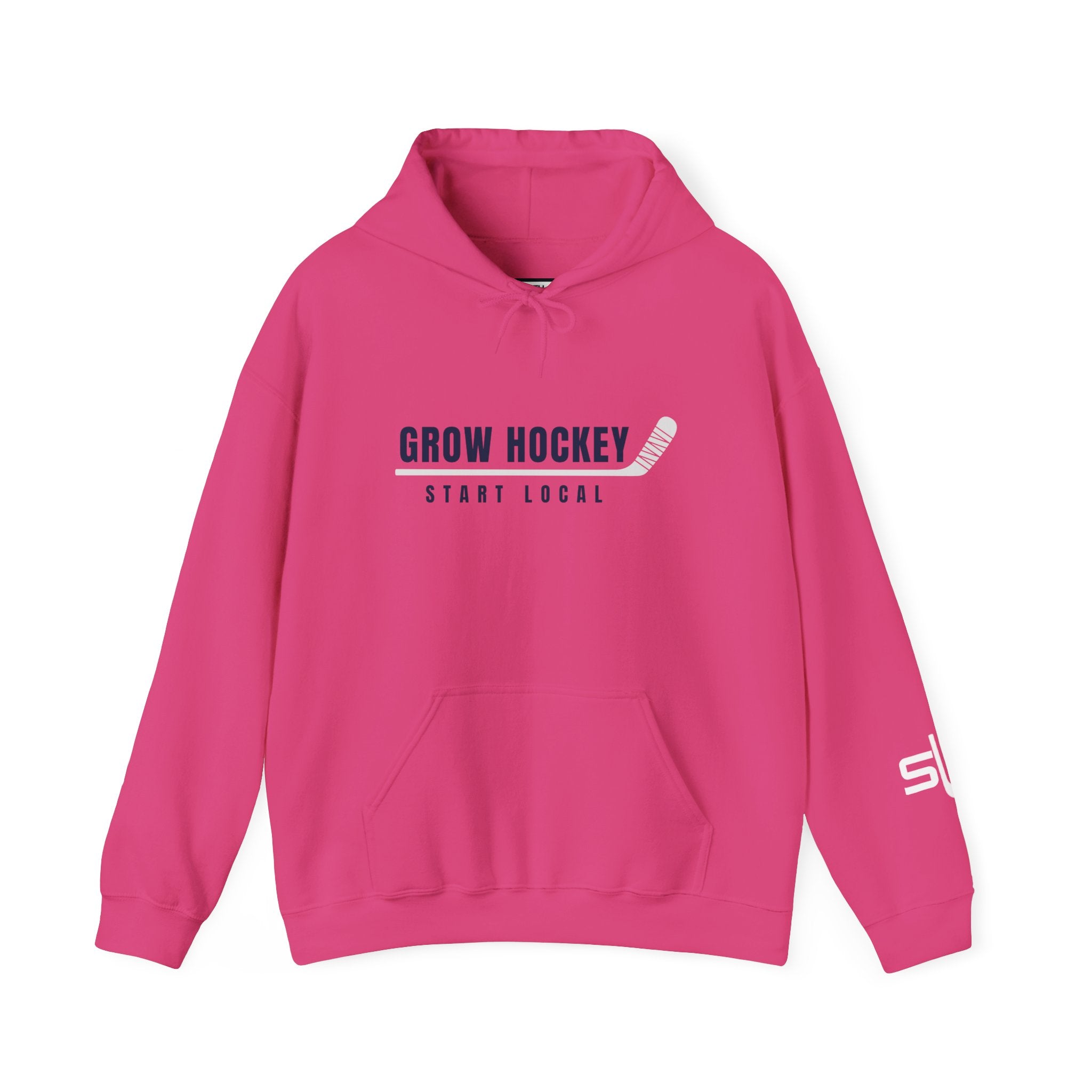 Grow Hockey Start Local hoodie featuring bold GROW HOCKEY text with a taped hockey stick underline and START LOCAL below in clean athletic typography.
