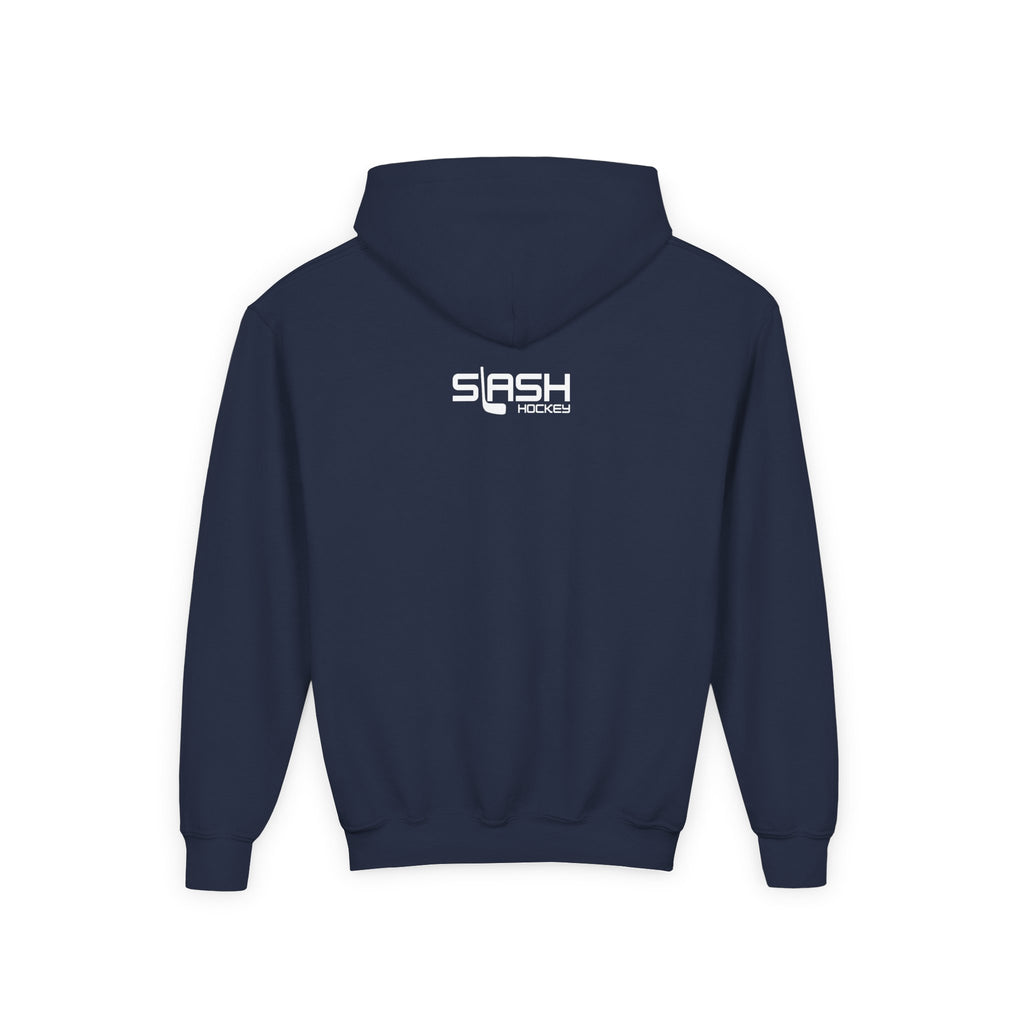 Back view of youth navy blue hoodie showing a plain back with no graphics, displayed flat for product detail.