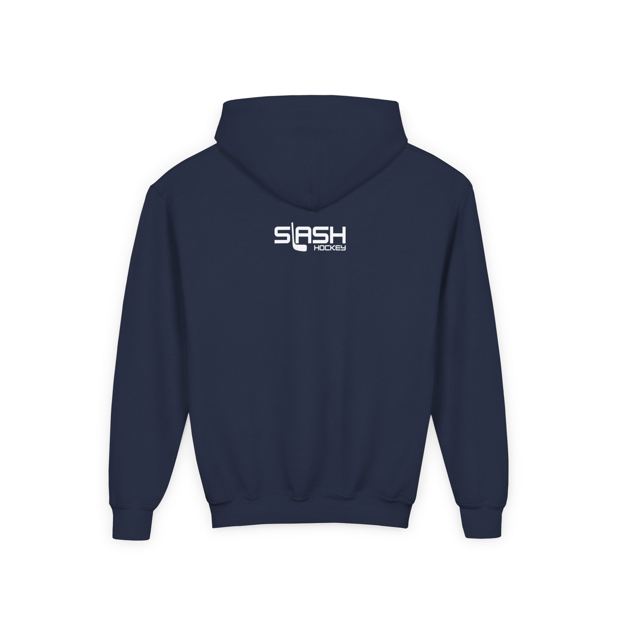 Back view of youth navy blue hoodie showing a plain back with no graphics, displayed flat for product detail.