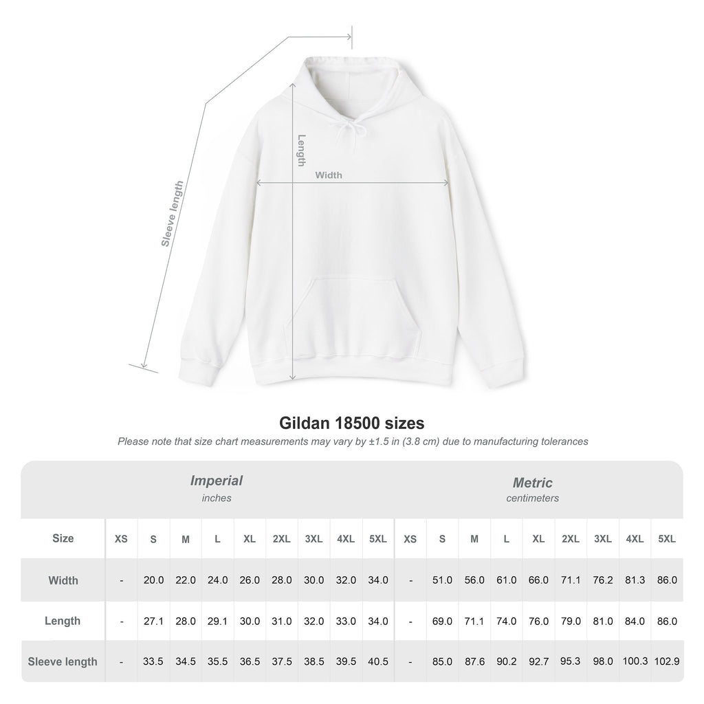 Size chart for Grow Hockey hoodie showing chest width, body length, and sleeve length measurements from size Small to 5XL.