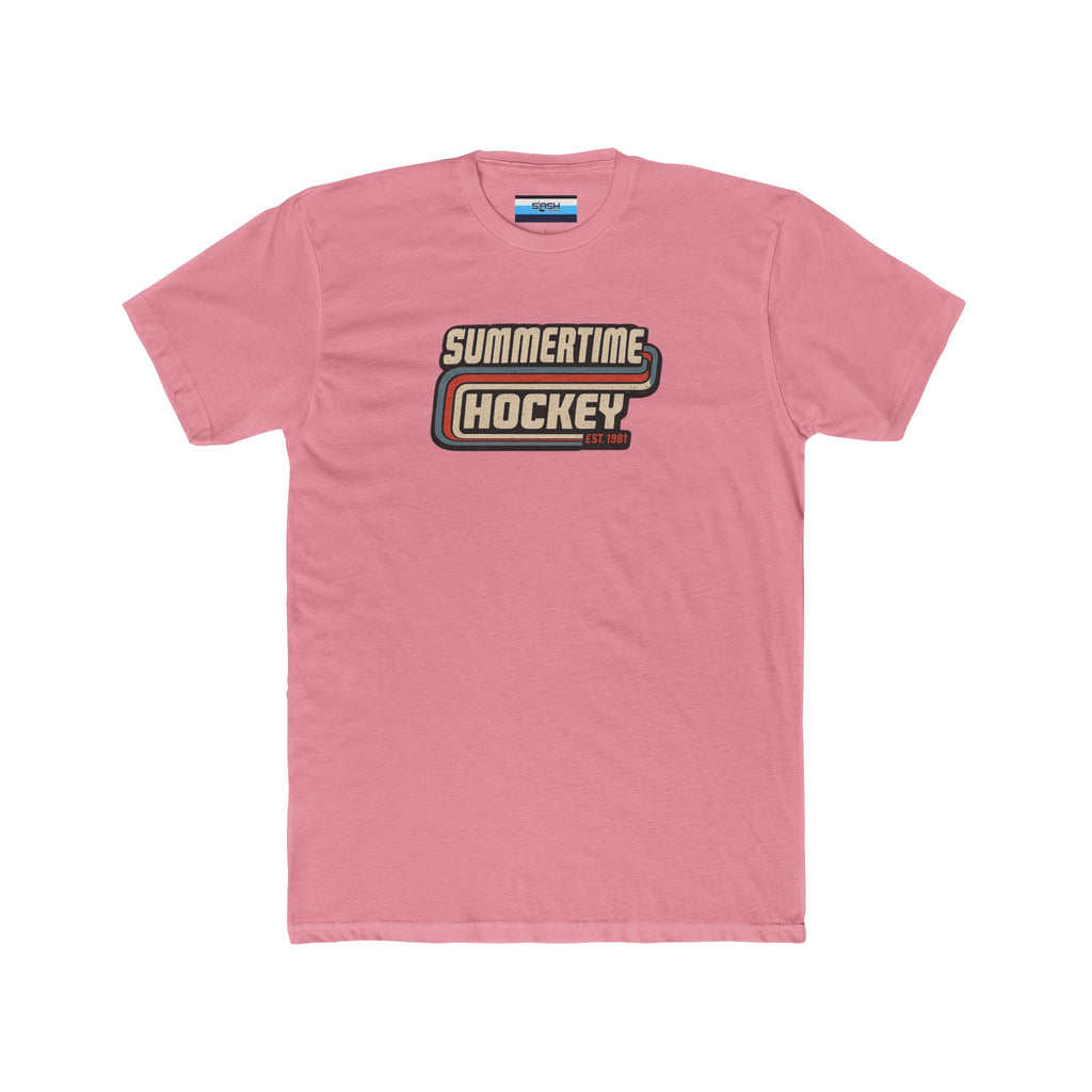 Front of the Summertime Hockey t-shirt featuring a vintage retro hockey graphic with distressed lettering and classic athletic stripes inspired by 1980s hockey apparel.