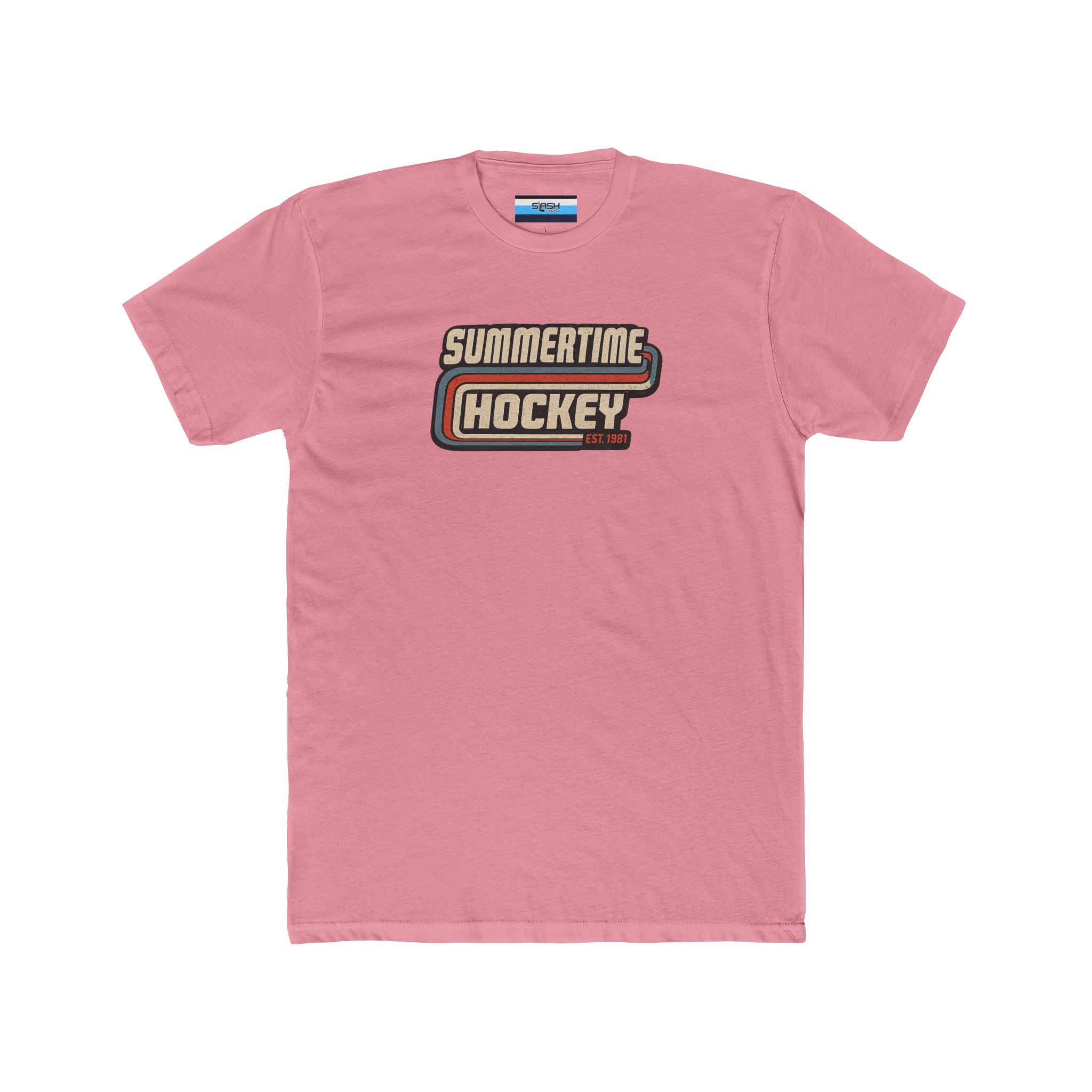 Front of the Summertime Hockey t-shirt featuring a vintage retro hockey graphic with distressed lettering and classic athletic stripes inspired by 1980s hockey apparel.