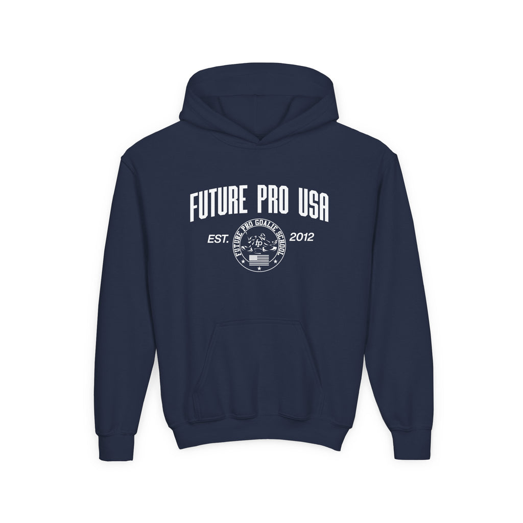 Youth hoodie in navy blue featuring the Future Pro USA Goalie School banner graphic on the front, displayed flat for product view.