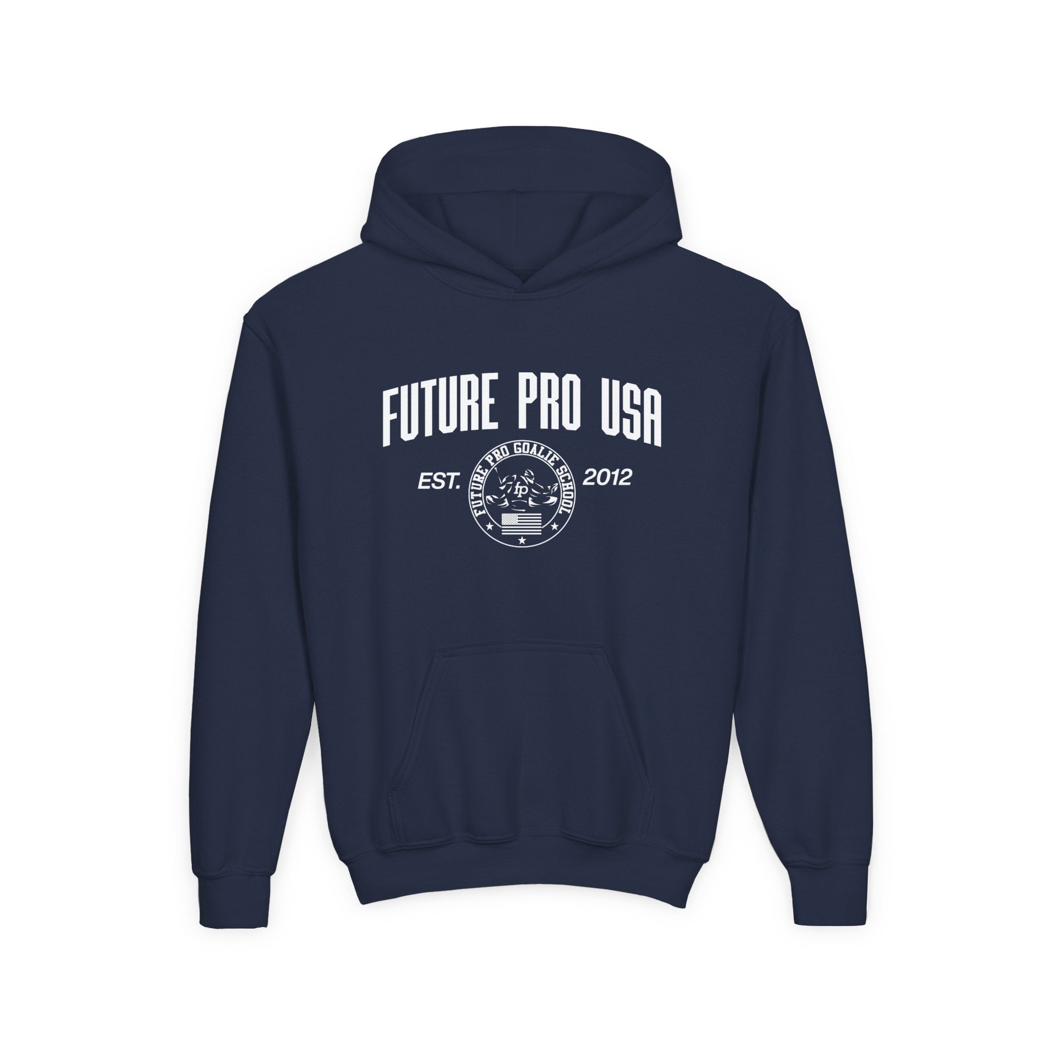 Youth hoodie in navy blue featuring the Future Pro USA Goalie School banner graphic on the front, displayed flat for product view.