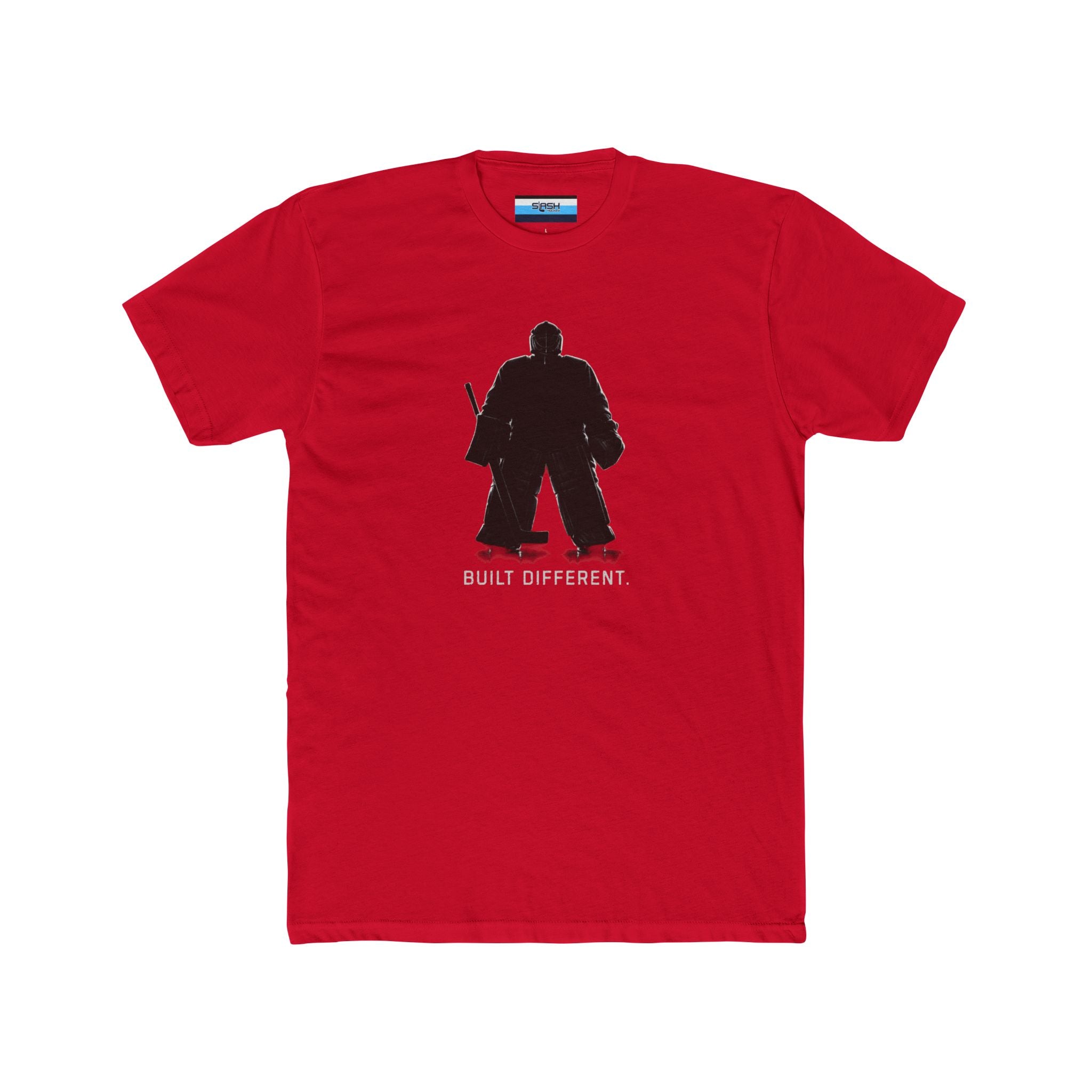 Hockey goalie t-shirt featuring a black standing goalie silhouette with “Built Different” text, designed for hockey goalies and crease mentality apparel.