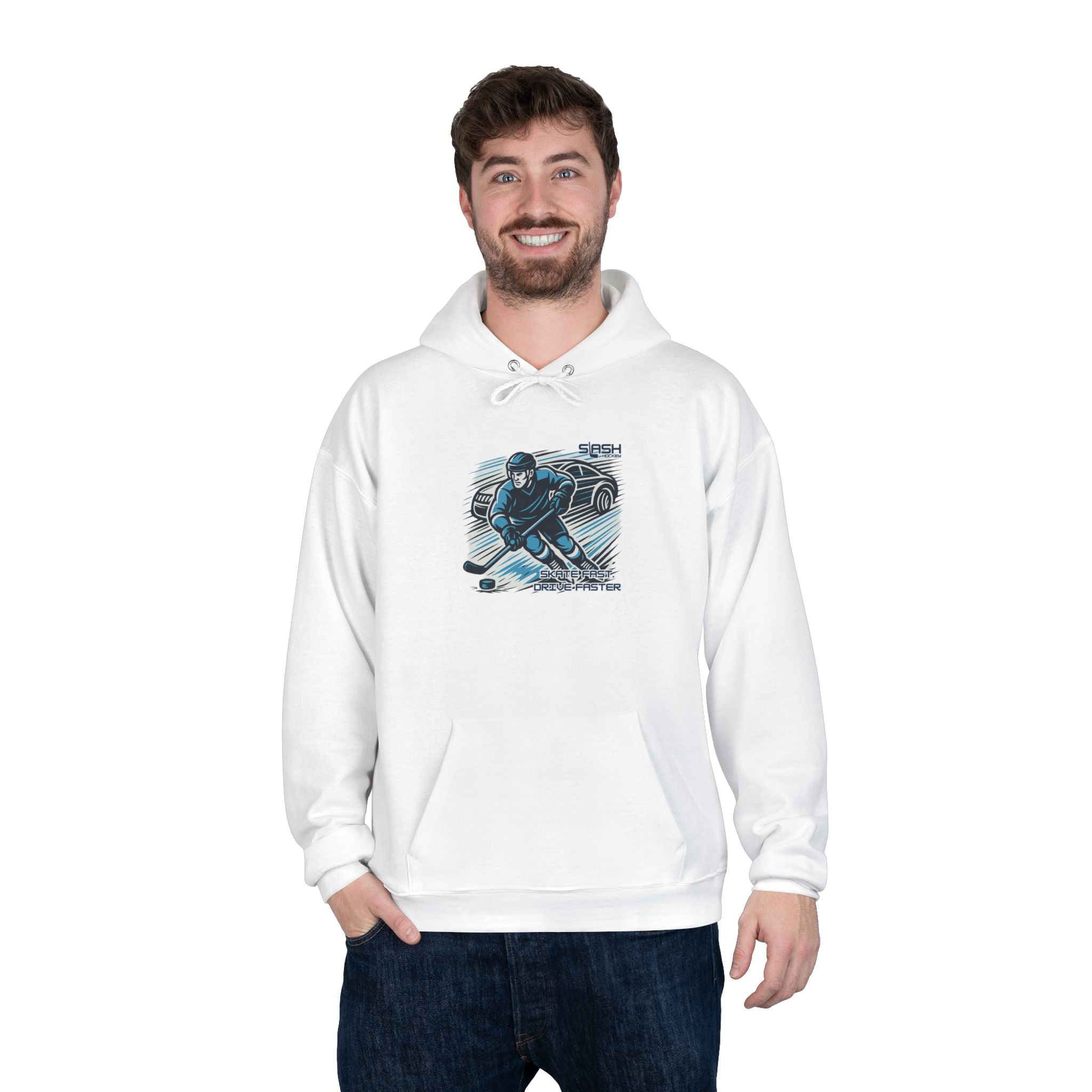 “Skate Fast. Drive Faster. Hockey Hoodie lifestyle photo — model wearing hockey culture hoodie with bold text design, casual fit for rink, travel, or everyday wear.”