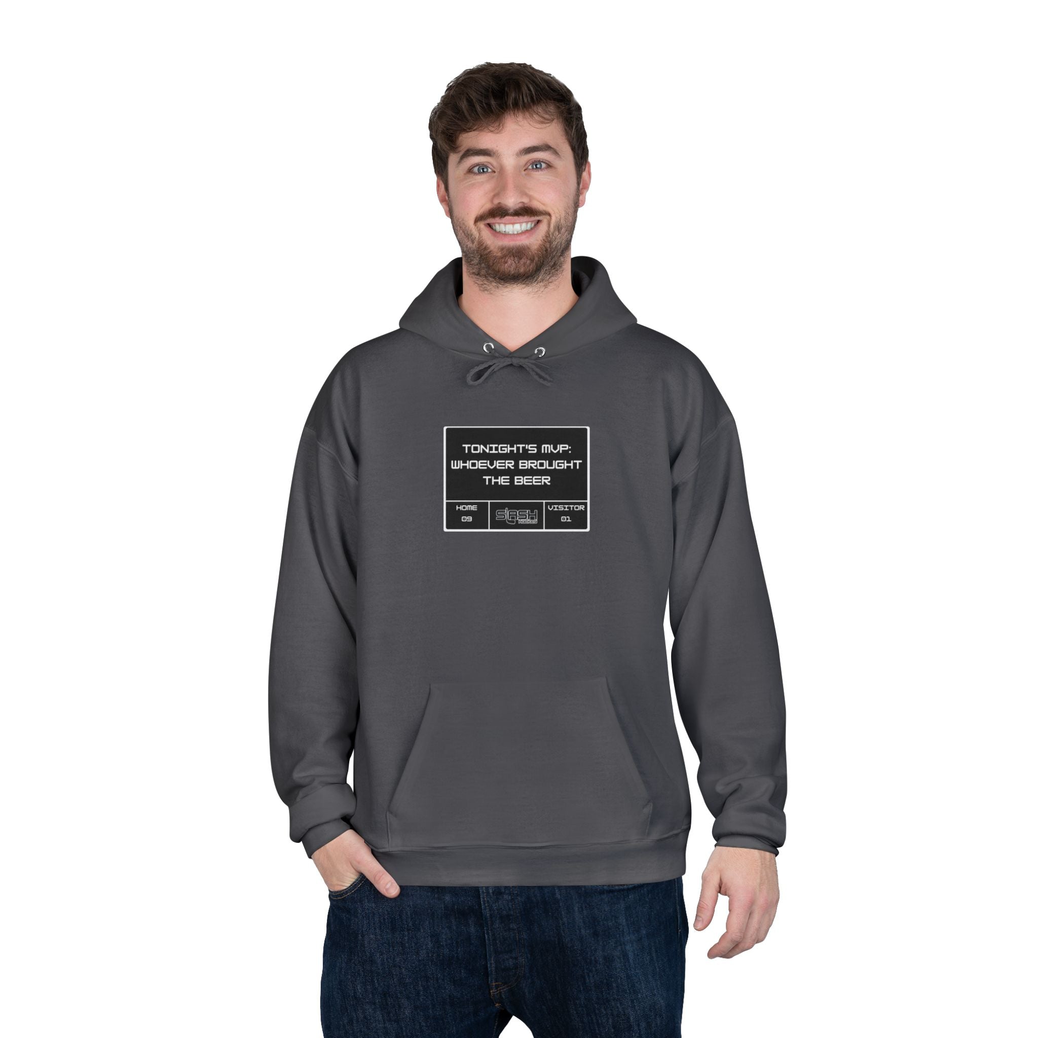 “Tonight’s MVP Hockey Hoodie lifestyle photo — model wearing hockey culture hoodie with Tonight’s MVP text design, casual fit for rink, travel, or everyday wear.”