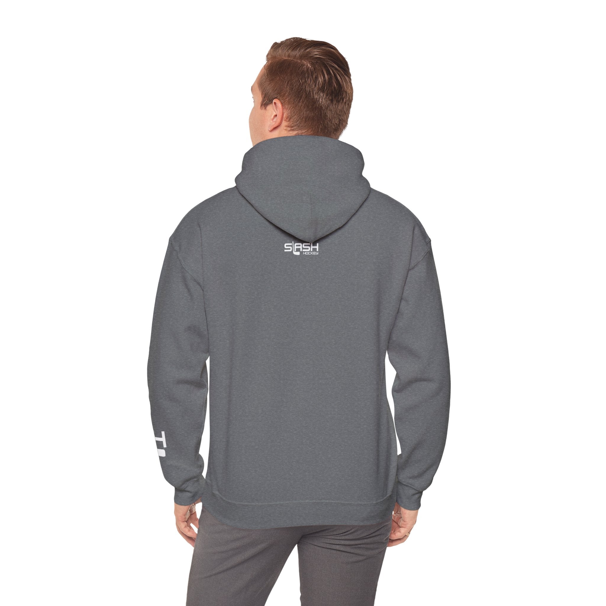 Male model shown from back wearing solid color Grow Hockey hoodie with clean minimalist rear design.