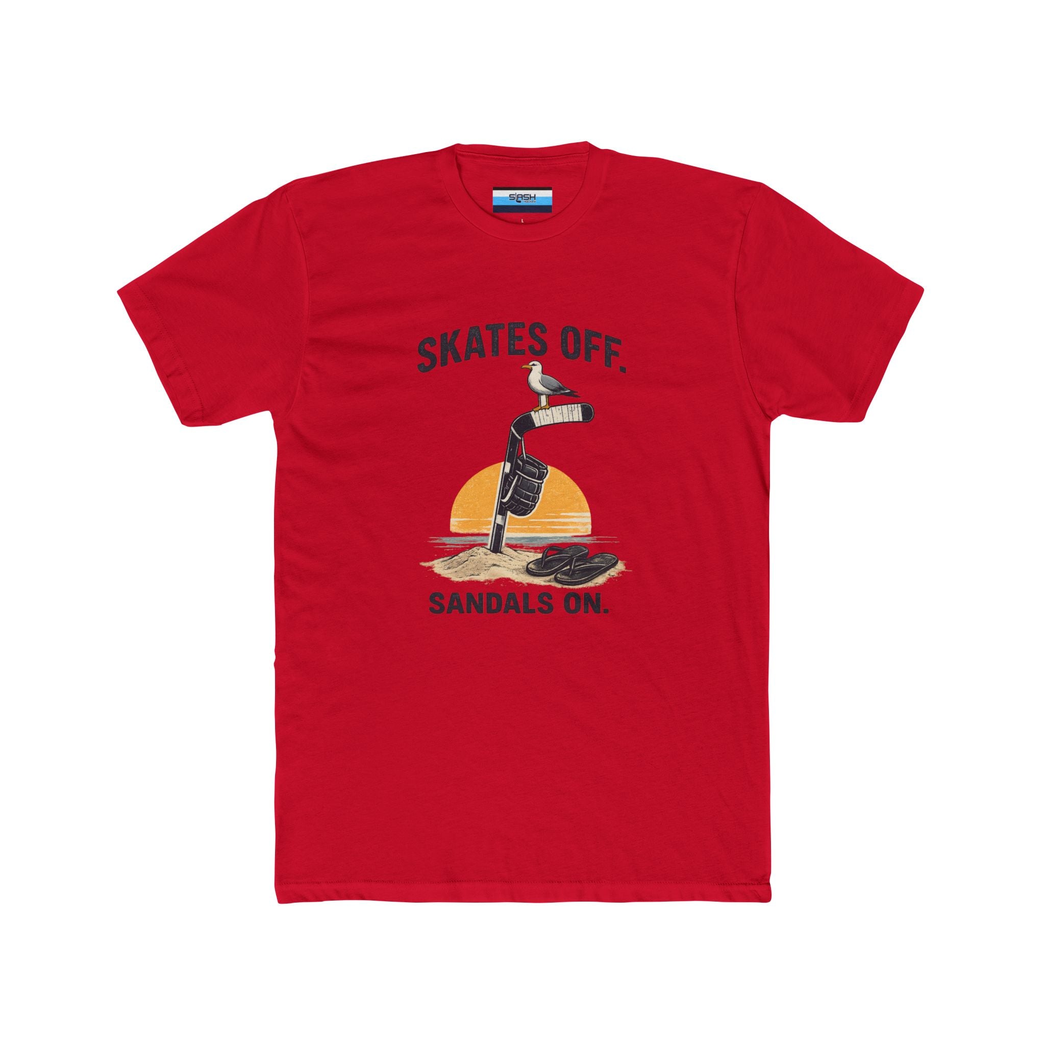 Front view of the Skates Off. Sandals On. hockey t-shirt featuring a vintage beach-inspired graphic with a hockey stick planted in the sand, a hockey glove hanging from the shaft, a seagull perched on the blade, flip-flops resting nearby, and a sunset backdrop. Bold text reads "SKATES OFF." above the design and "SANDALS ON." below.