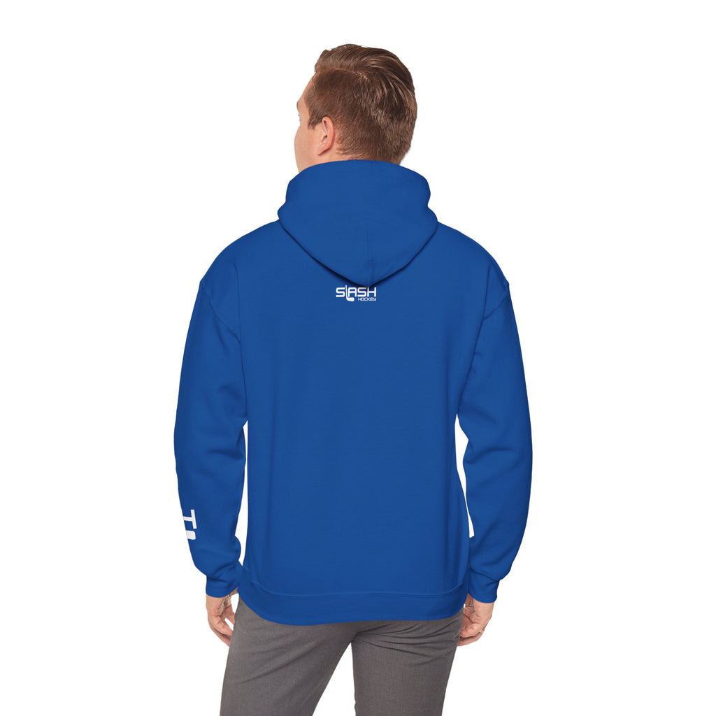Male model shown from back wearing solid color Grow Hockey hoodie with clean minimalist rear design.