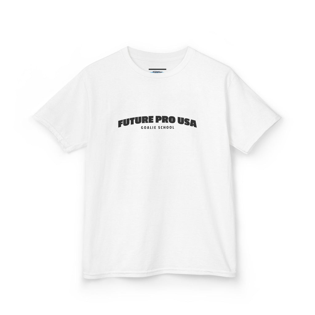 Youth Banner Future Pro USA Goalie School Tee, front view — youth hockey t-shirt featuring a bold banner-style Future Pro USA Goalie School graphic on the chest, clean athletic fit, displayed on a plain background.