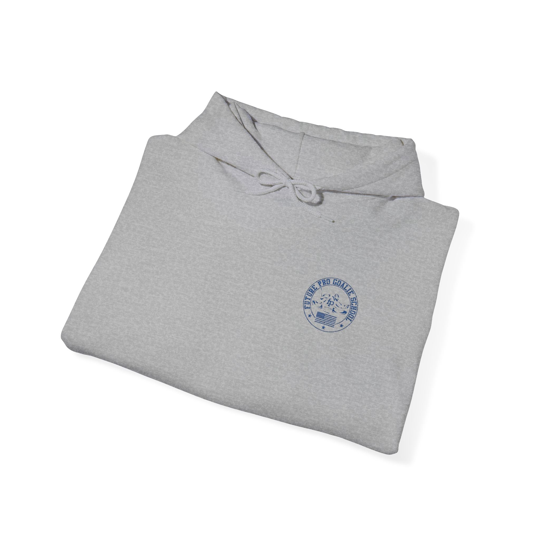 Folded grey Future Pro USA Goalie School Hoodie with the embroidered front emblem visible.