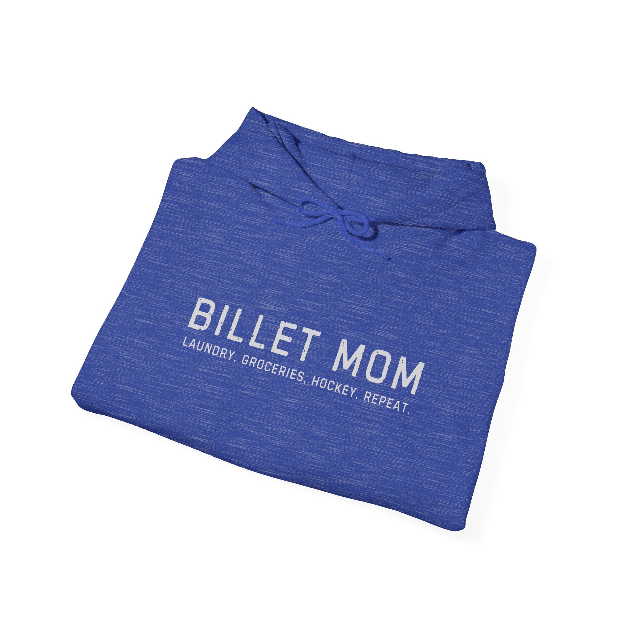 Folded Billet Mom hoodie showing minimalist hockey billet family design
