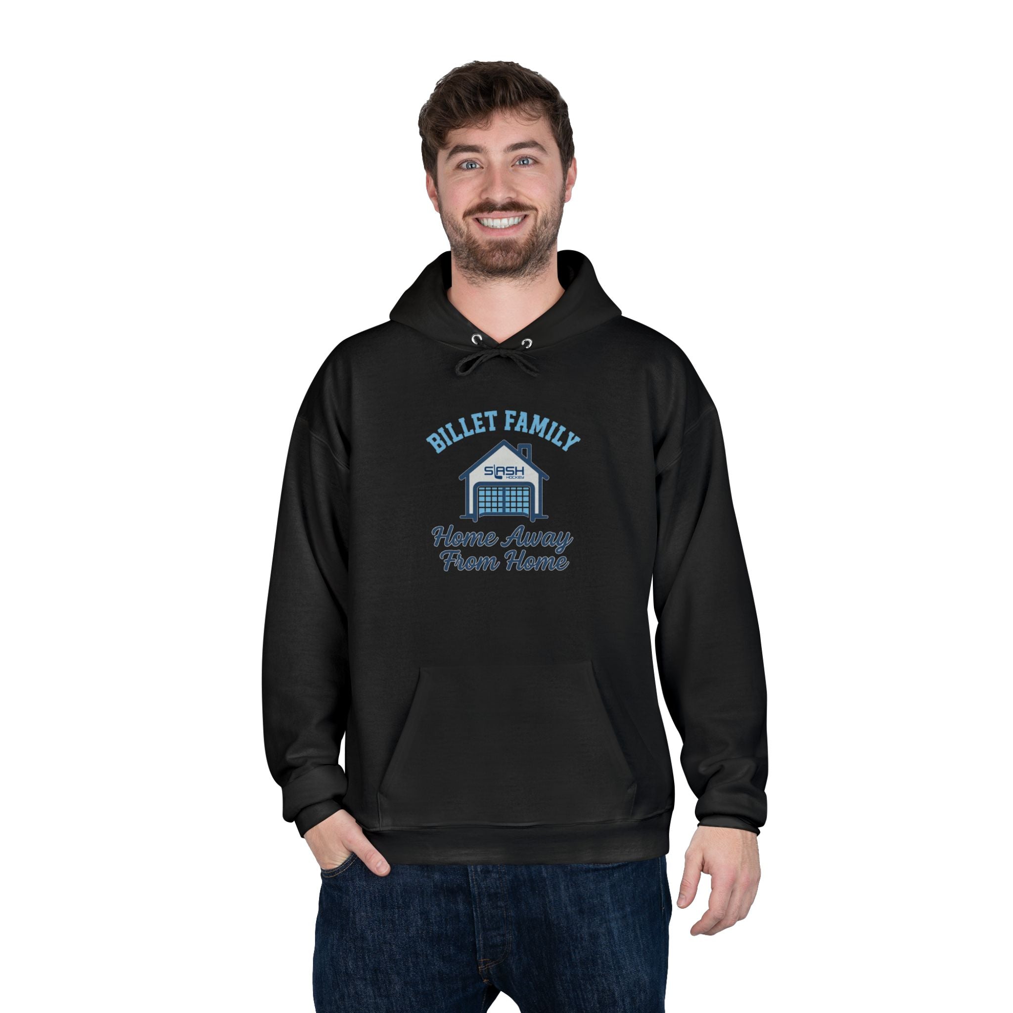 “Billet Family hockey hoodie lifestyle photo — model wearing casual hockey hoodie with billet family design, styled for rink, travel, or everyday wear.”