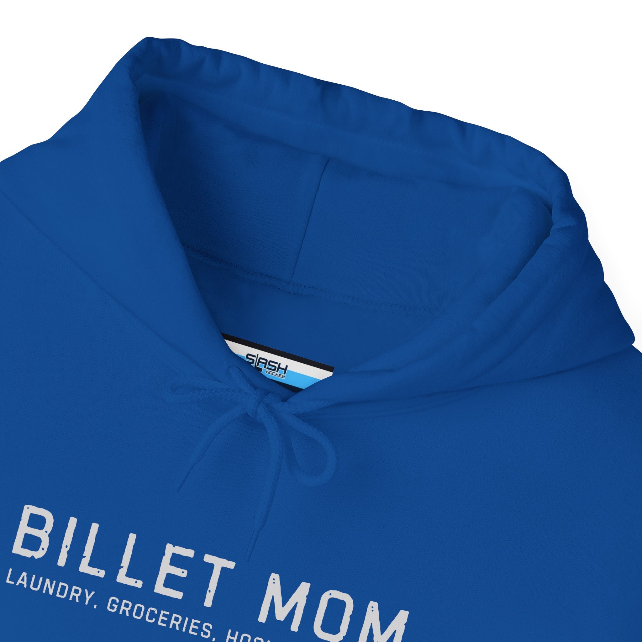 Close-up collar detail of Billet Mom hoodie showing soft cotton blend fabric and printed design