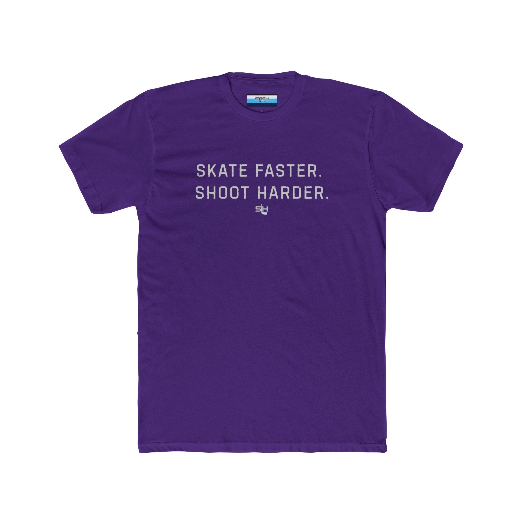 Red Skate Faster Shoot Harder funny hockey t-shirt with bold white lettering on the chest by Slash Hockey.