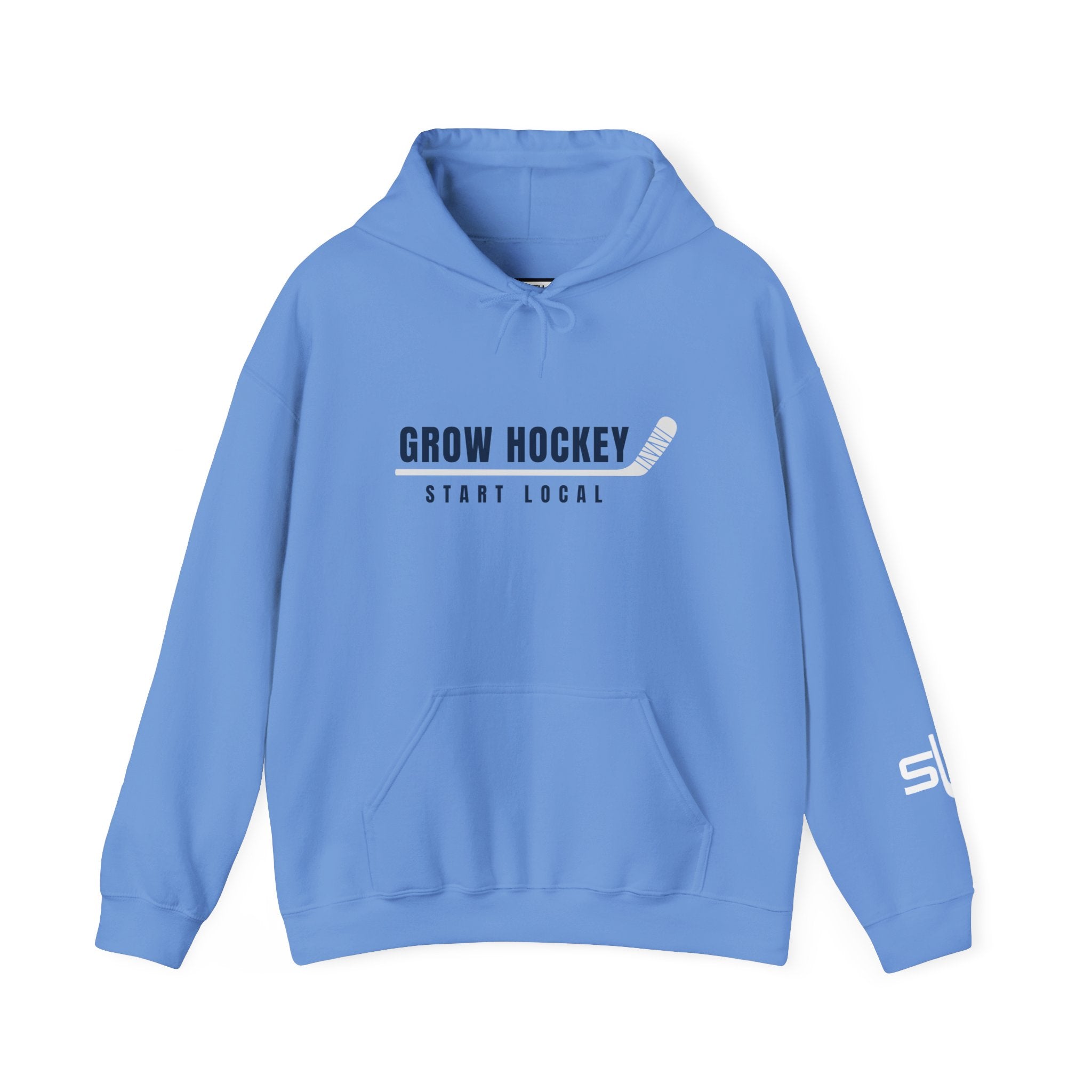 Grow Hockey Start Local hoodie featuring bold GROW HOCKEY text with a taped hockey stick underline and START LOCAL below in clean athletic typography.
