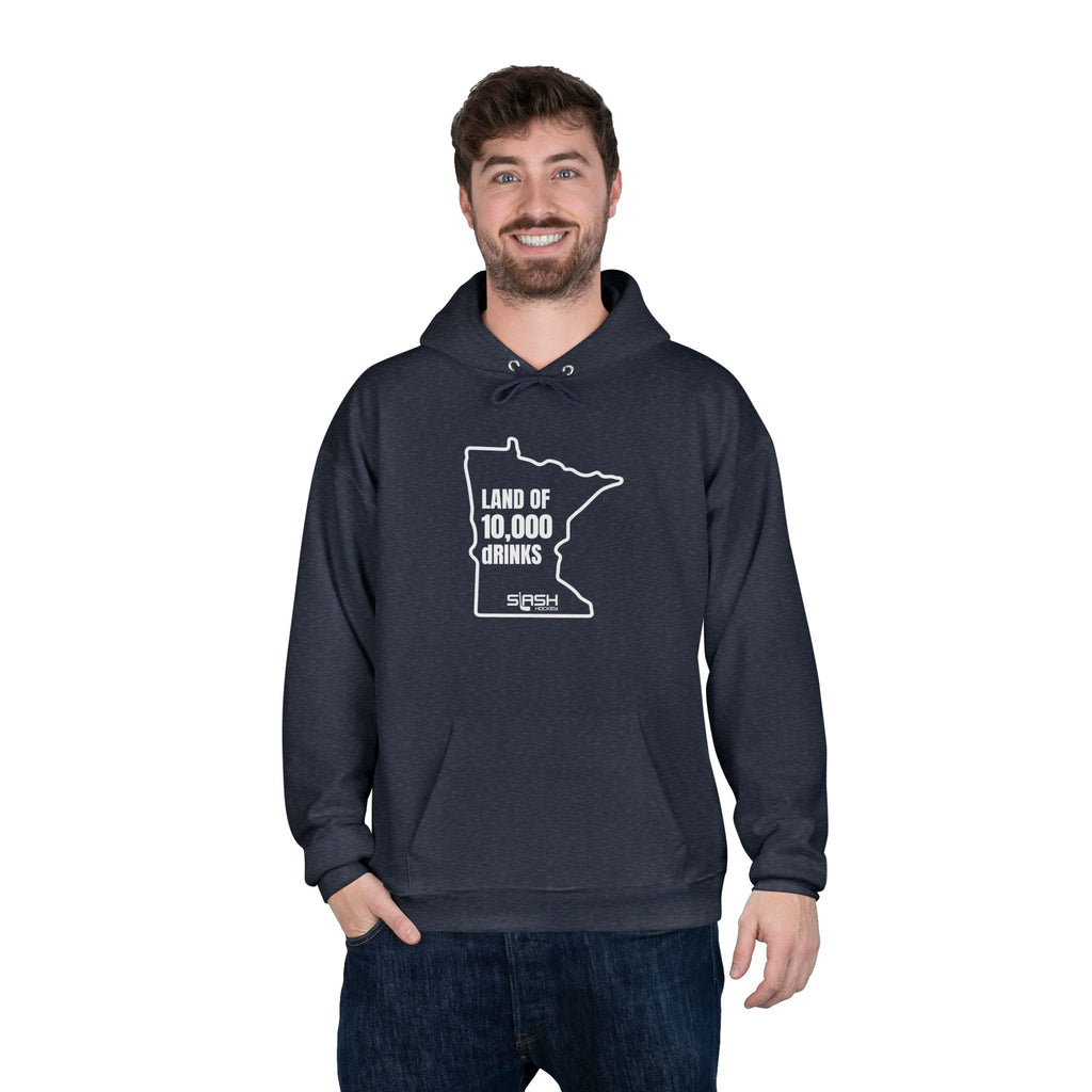 Male model wearing “Land of 10,000 dRINKS” Minnesota hockey hoodie, styled casually for rink and post-game beers.