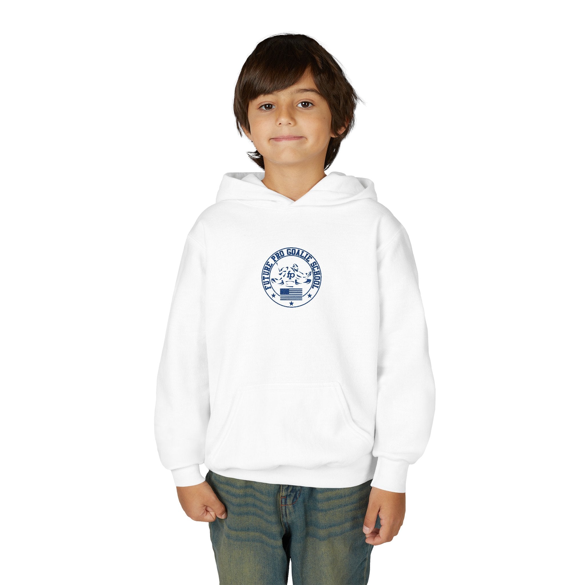 Young male model wearing the white Youth Future Pro USA Hoodie, showcasing the front graphic and relaxed fit in a casual setting.