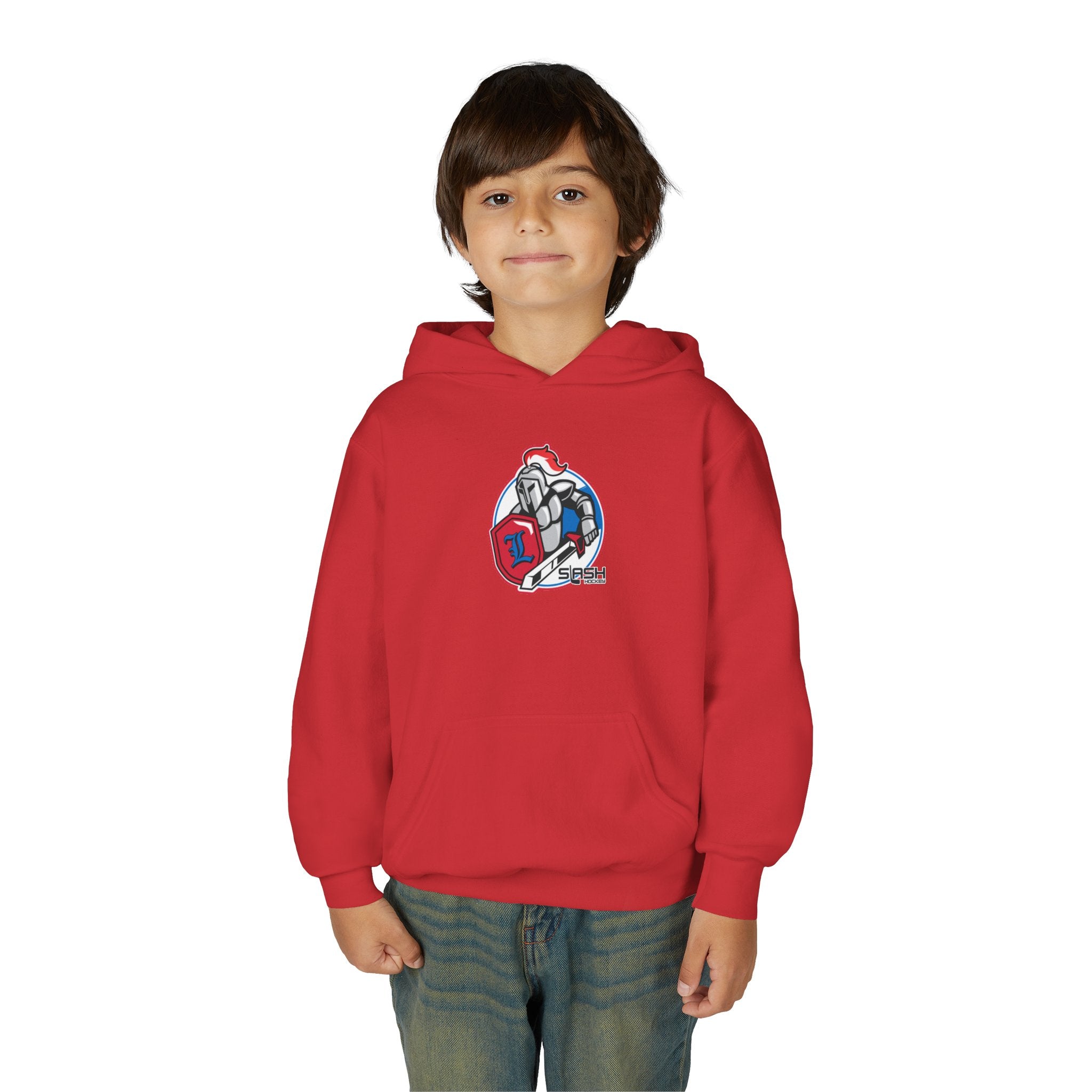 LHA Youth Hockey Hoodie lifestyle photo — young player wearing Livonia Hockey Association hoodie in team colors, cozy fit for rink or everyday wear.