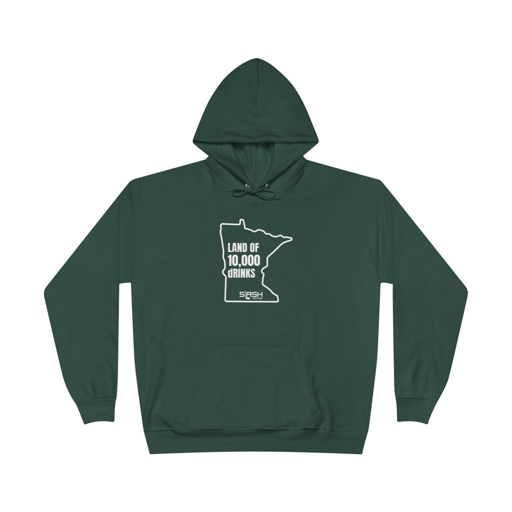 Unisex hoodie with bold “Land of 10,000 dRINKS” slogan, Minnesota hockey-inspired design on chest.