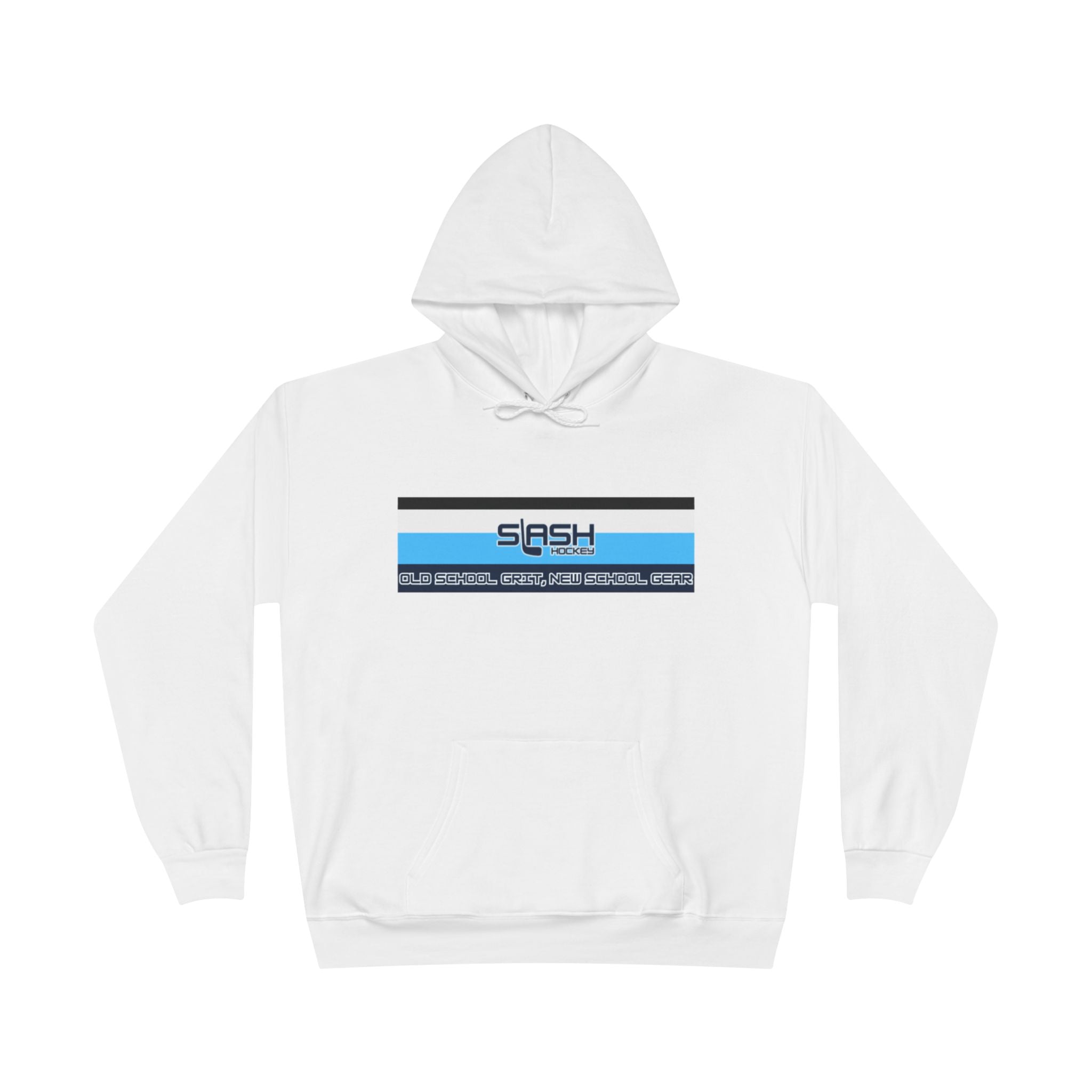 “Slash Hockey Hoodie front view — bold text and hockey stick logo design in navy, sky blue, and white, printed on premium cotton-blend hoodie.”