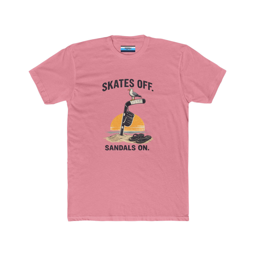 Front view of the Skates Off. Sandals On. hockey t-shirt featuring a vintage beach-inspired graphic with a hockey stick planted in the sand, a hockey glove hanging from the shaft, a seagull perched on the blade, flip-flops resting nearby, and a sunset backdrop. Bold text reads "SKATES OFF." above the design and "SANDALS ON." below.