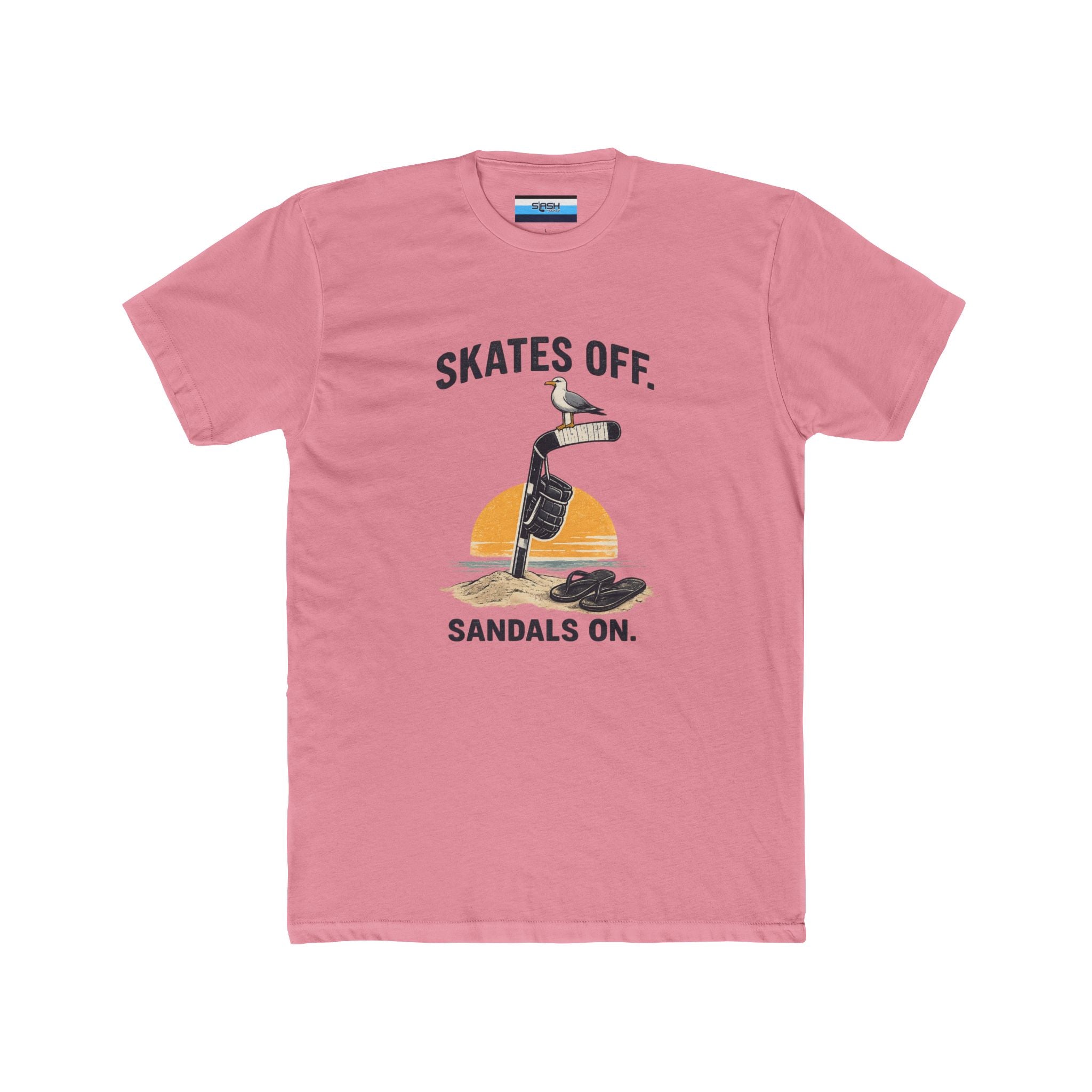 Front view of the Skates Off. Sandals On. hockey t-shirt featuring a vintage beach-inspired graphic with a hockey stick planted in the sand, a hockey glove hanging from the shaft, a seagull perched on the blade, flip-flops resting nearby, and a sunset backdrop. Bold text reads "SKATES OFF." above the design and "SANDALS ON." below.