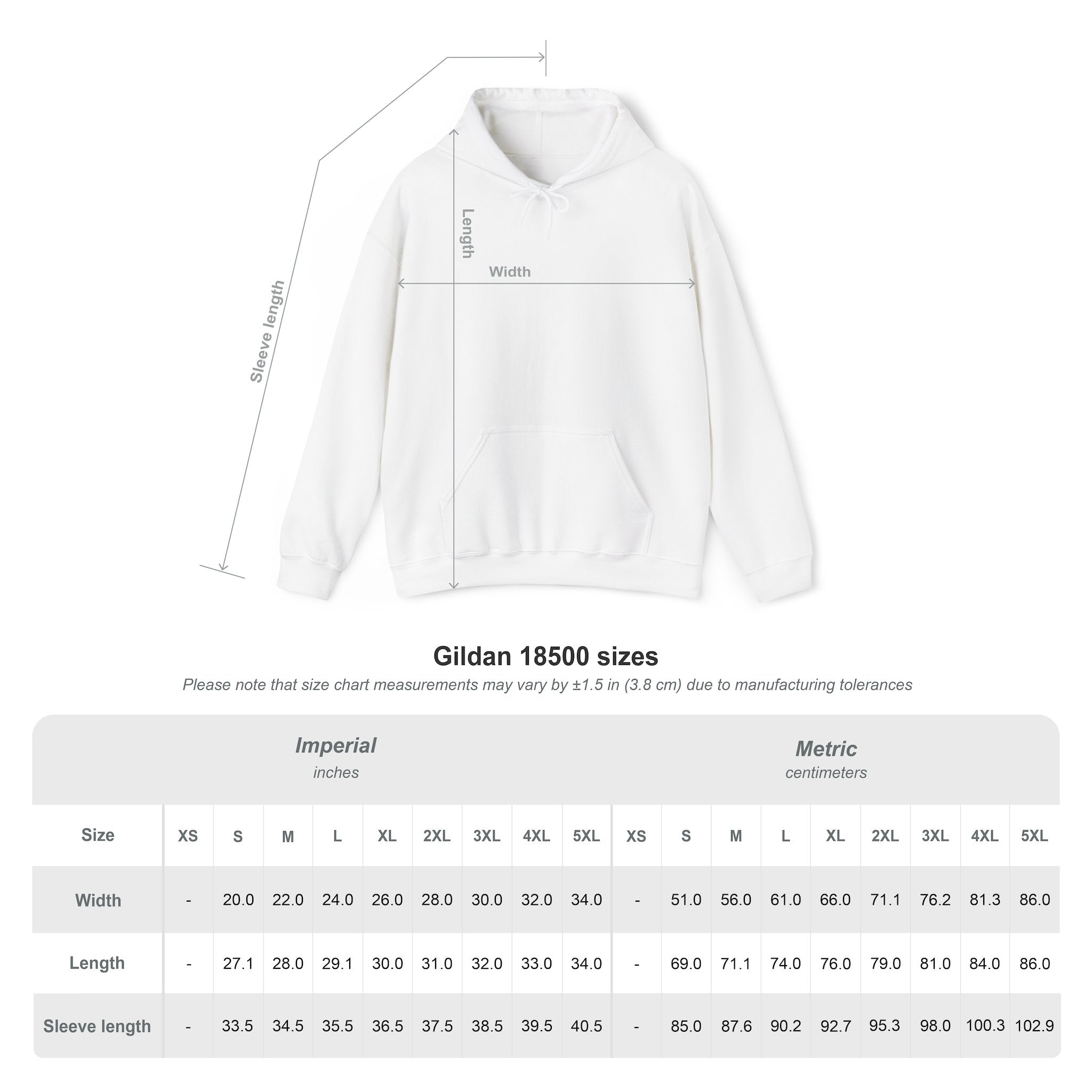 Size chart for Grow Hockey hoodie showing chest width, body length, and sleeve length measurements from size Small to 5XL.