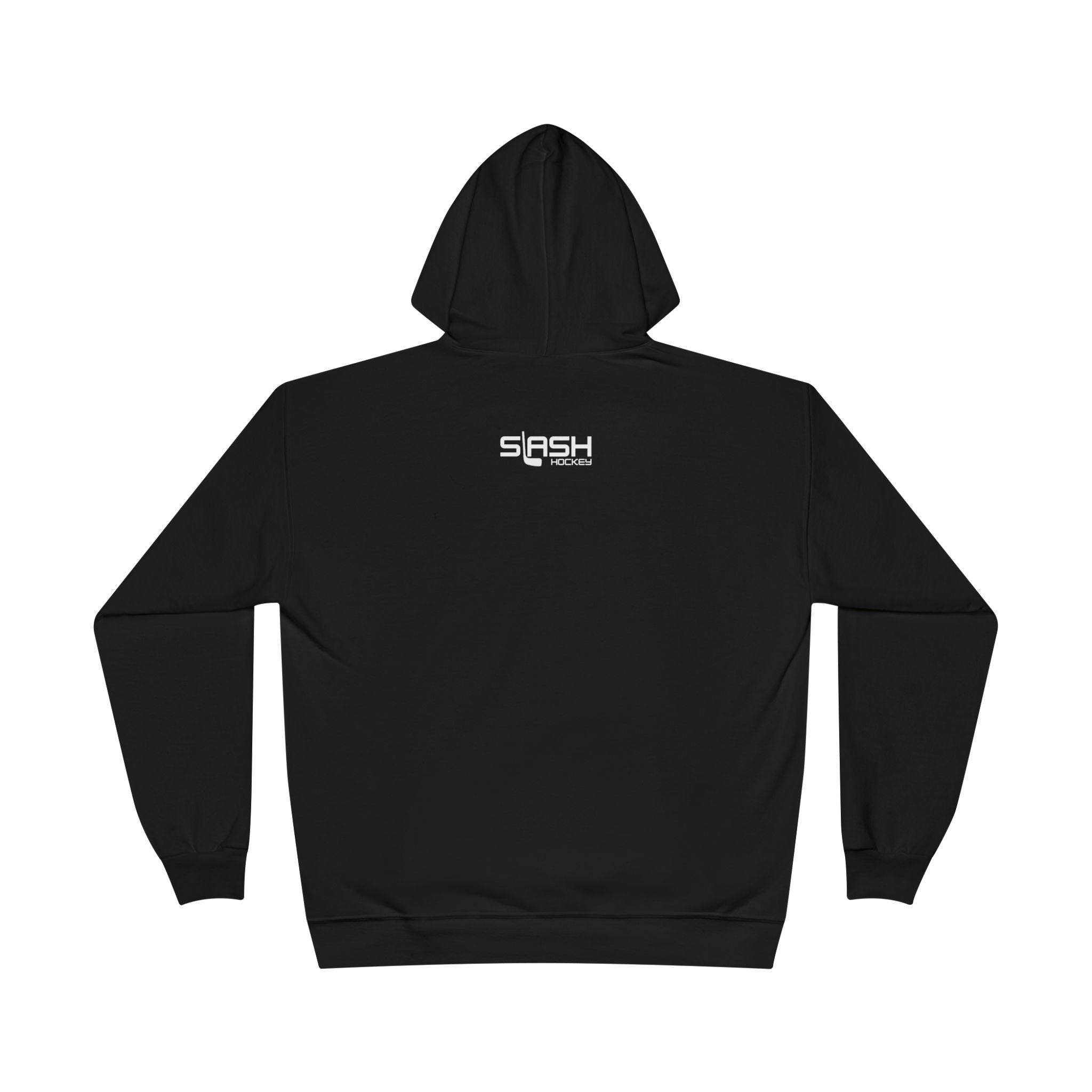 “Back view of navy hoodie, plain design with hood and pouch pocket.”
