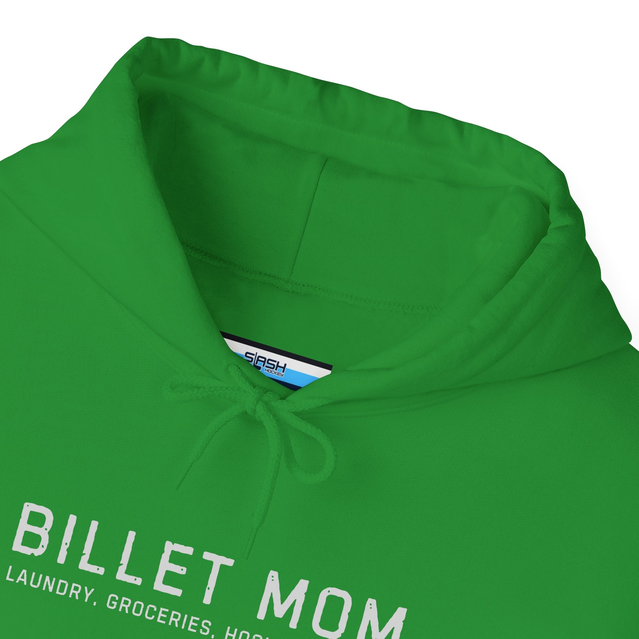 Close-up collar detail of Billet Mom hoodie showing soft cotton blend fabric and printed design